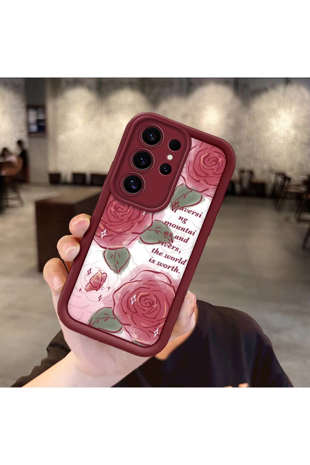 Samsung Galaxy S25 Ultra Compatible Lovely Rose Pattern Claret Red Silicone Impact Protection Case
