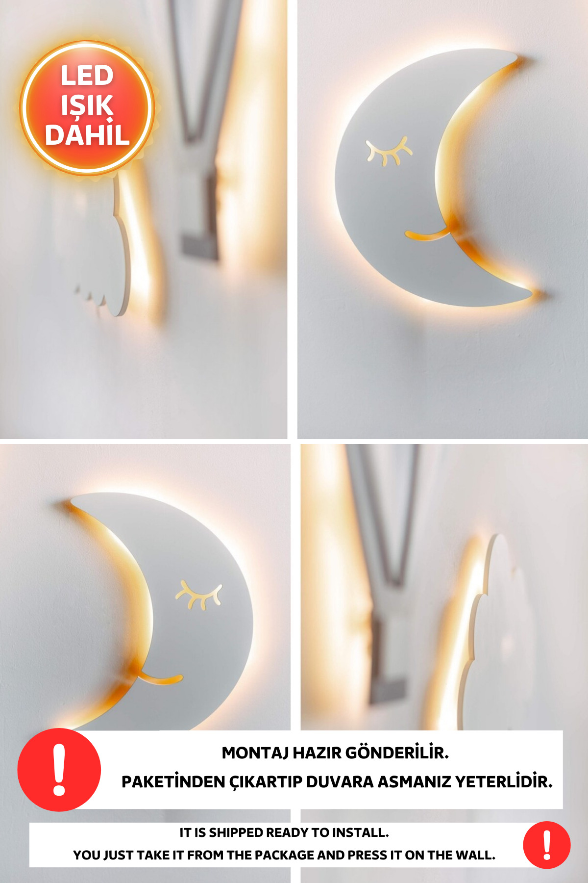 Dekorvin 3lü Set 1 Bulut 1 Ay ve 1 Balon Led Işık Gece Lambası Bebek Çocuk Odası Duvar Dekorasyon Ahşap Lamba fotoğrafı 4 (önizleme)