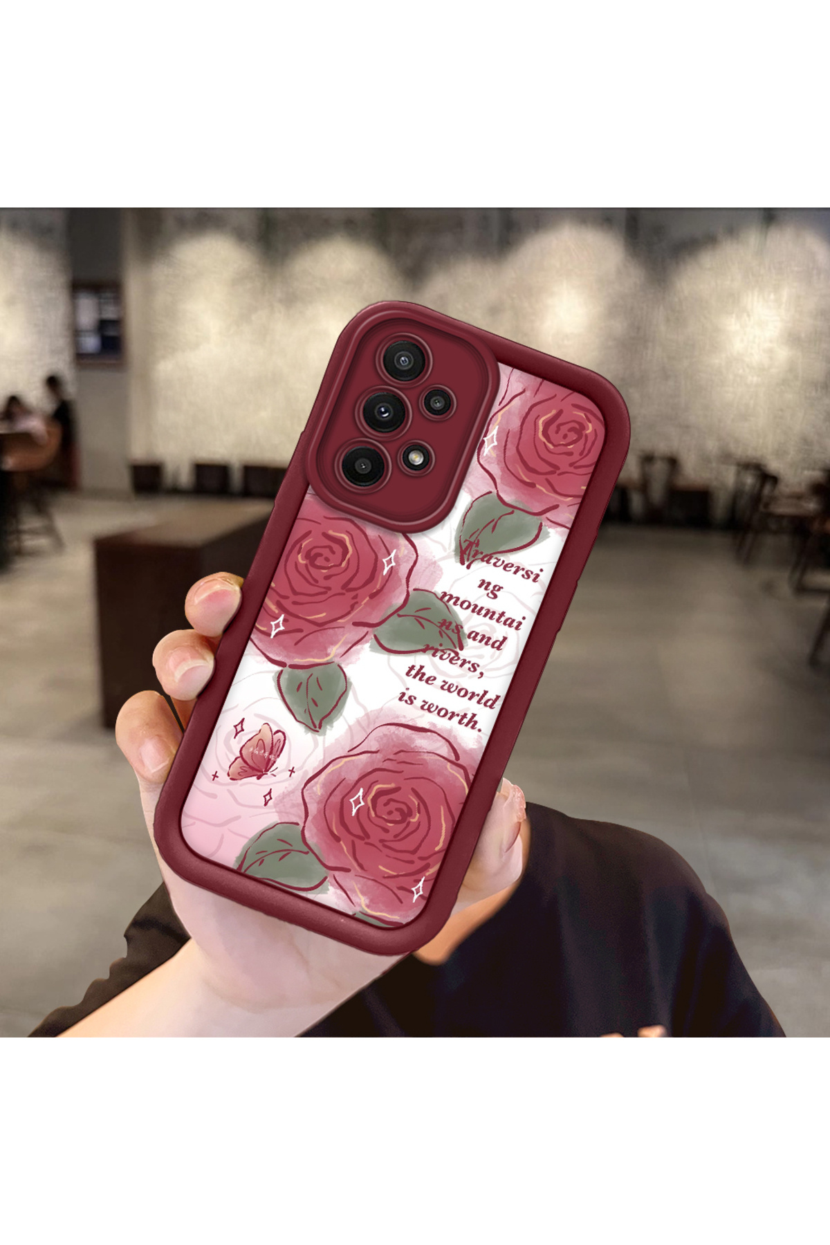 Samsung Galaxy A23 Compatible Lovely Rose Pattern Claret Red Silicone Impact Protection Case