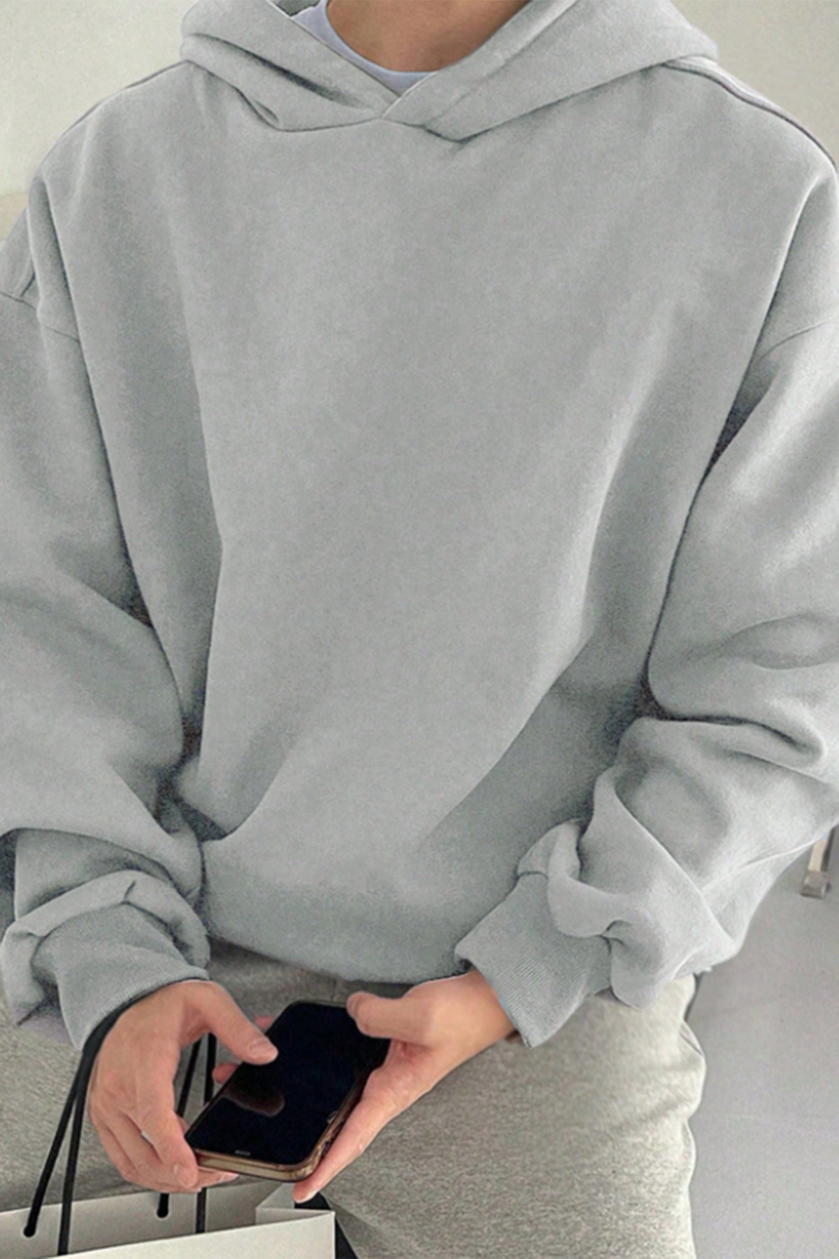 Unisex Oversize Bol Kesim Pamuklu 3 İplik Şardonlu İçi Polarlı Basic Gri Kapüşonlu Sweatshirt
