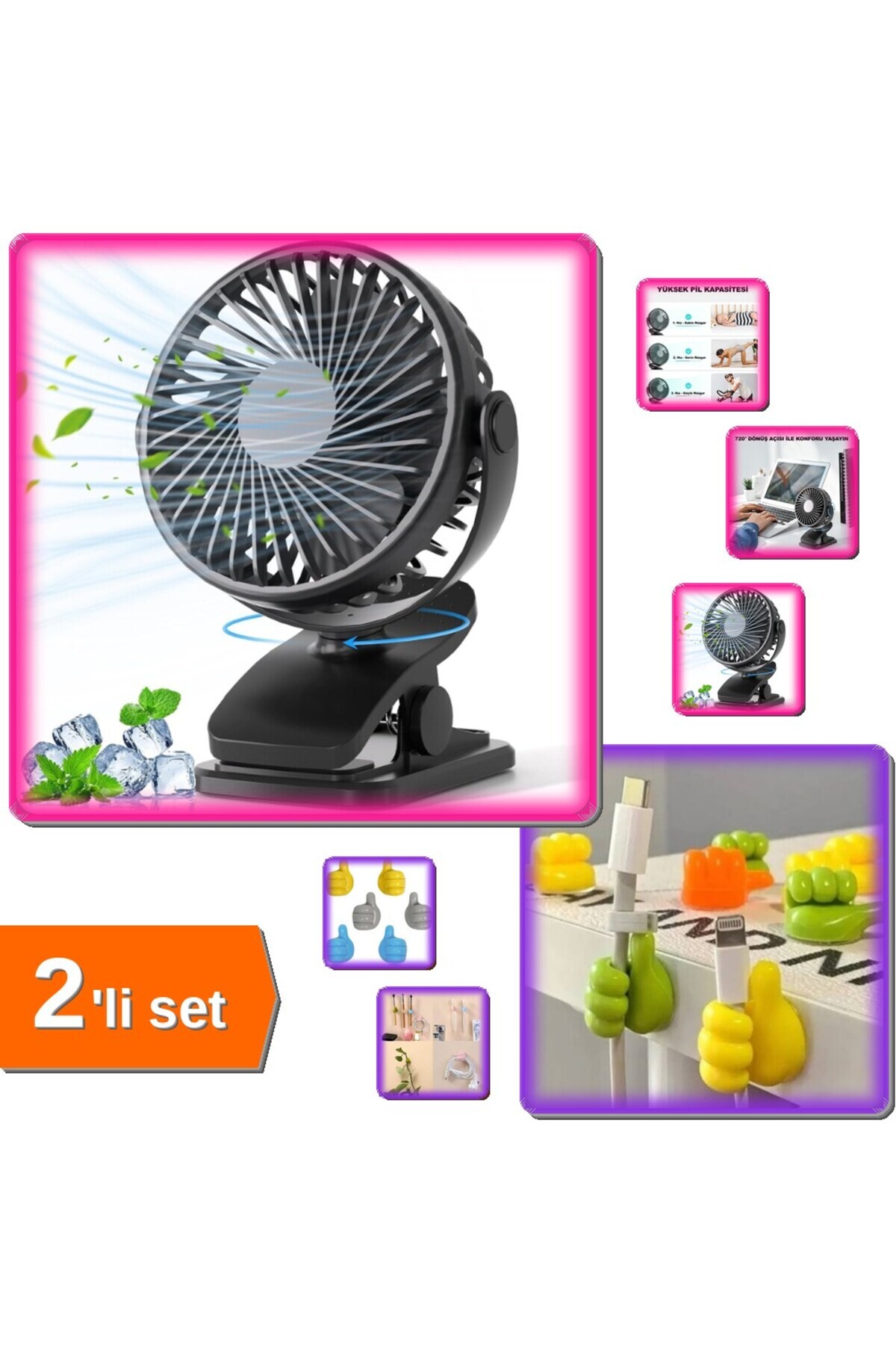 HerEveOyuncak Masaüstü Şarjlı Klipsli Portatif Fan + 10 Adet El Şeklinde Renkli Kablo Tutucu - 2li Set N1A5T5