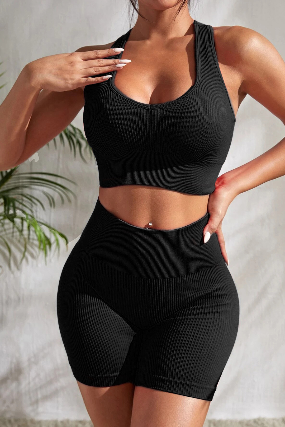 E BULURUM Kadın Siyah Yüksek Bel Çapraz Sırt Detaylı Şortlu Gecelik Takım
