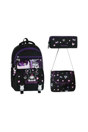 Lilyum Çanta Kuromi Desenli 3’lü Okul Çanta Seti – Sırt Çantası 40×30×20 + Te...
