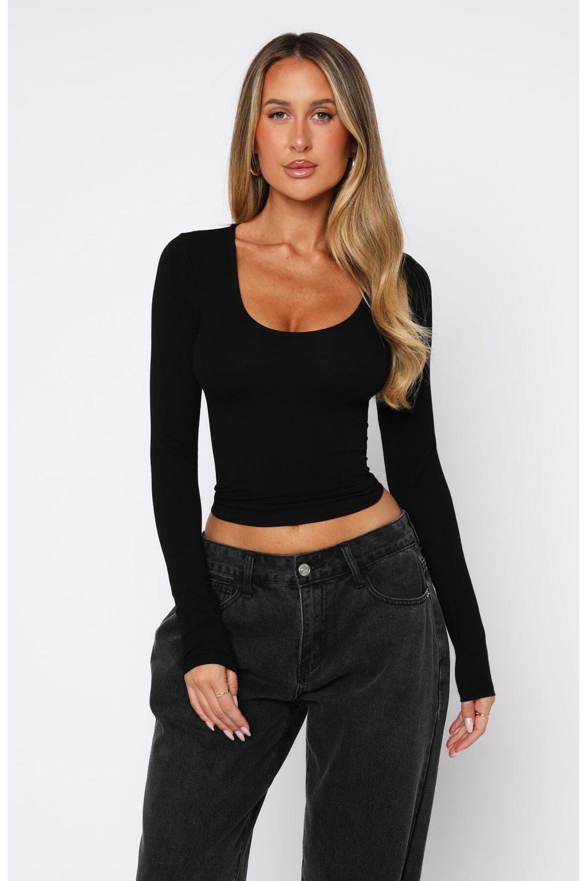 ÖZ PAMUK Блуза с квадратна яка ADET Basic Plain Fabric с дълги ръкави и еласт...