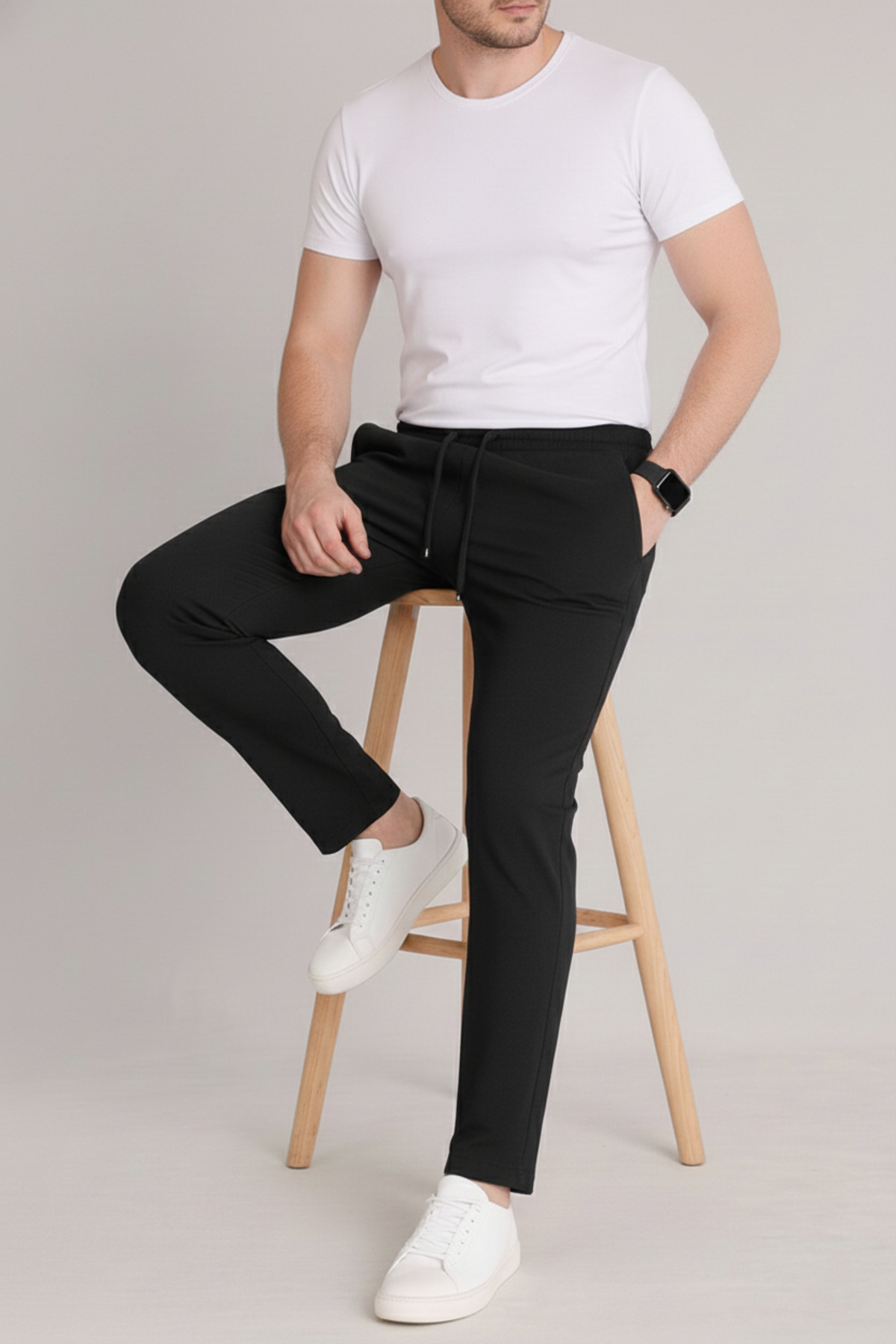 Erkek Siyah Beli Lastikli Bağcıklı Duble Paça Jogger Pantolon — مشکی BRKJGR1 — تصویر 5 از 6