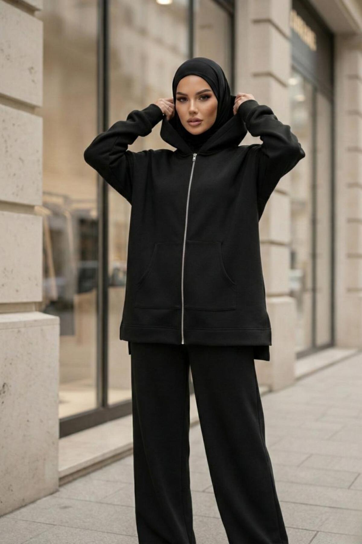Women's Modal Fabric Kangaroo Pocket Hooded Hijab Two Piece Set