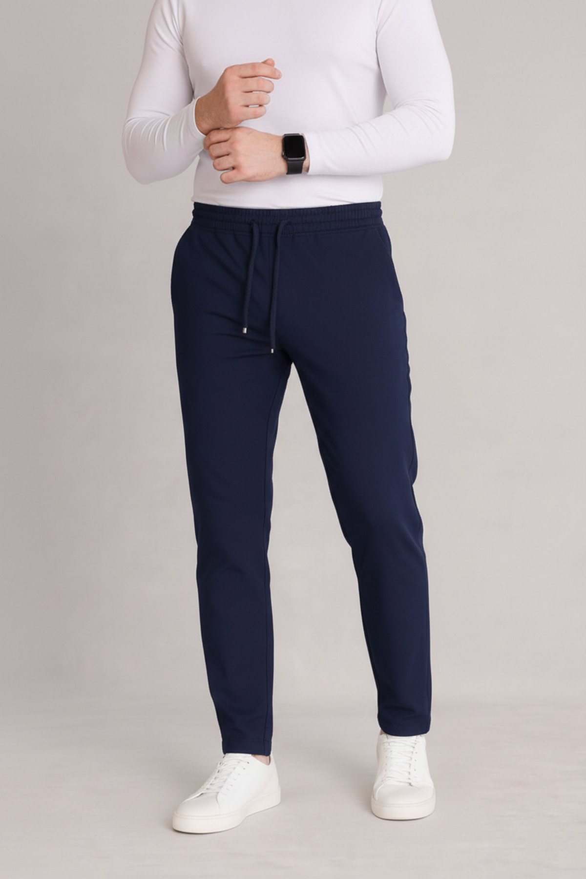 Erkek Lacivert Beli Lastikli Bağcıklı Duble Paça Jogger Pantolon — سرمه‌ای BRKJGR1 — تصویر 6 از 6