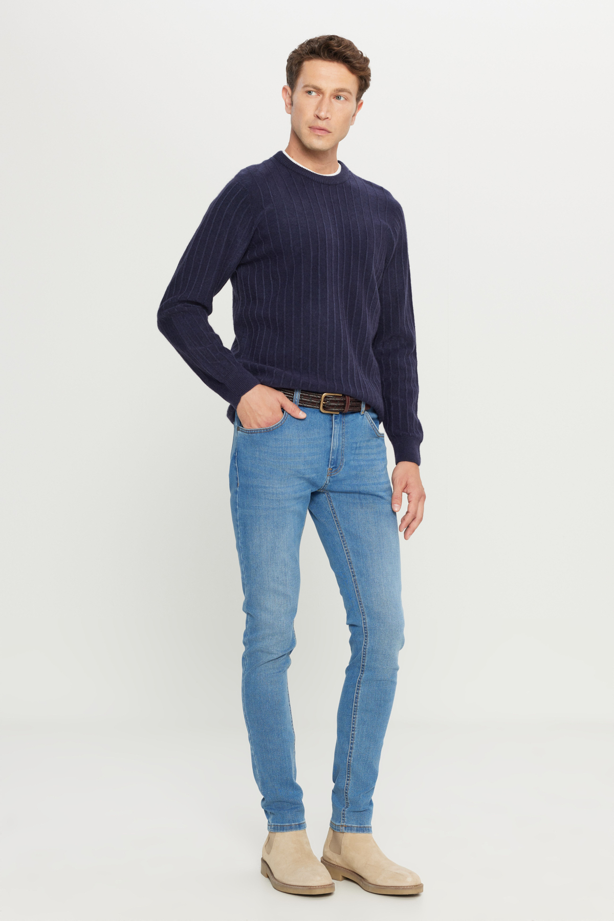 AC&Co / Altınyıldız Classics  Erkek Açık Mavi Ekstra Slim Fit Dar Kesim Rıss Pamuklu Esnek Denim Jean Kot Pantolon