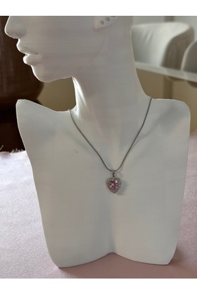 Glamour Büyük kalpli ortası pembe taşlı Silver çelik kolye