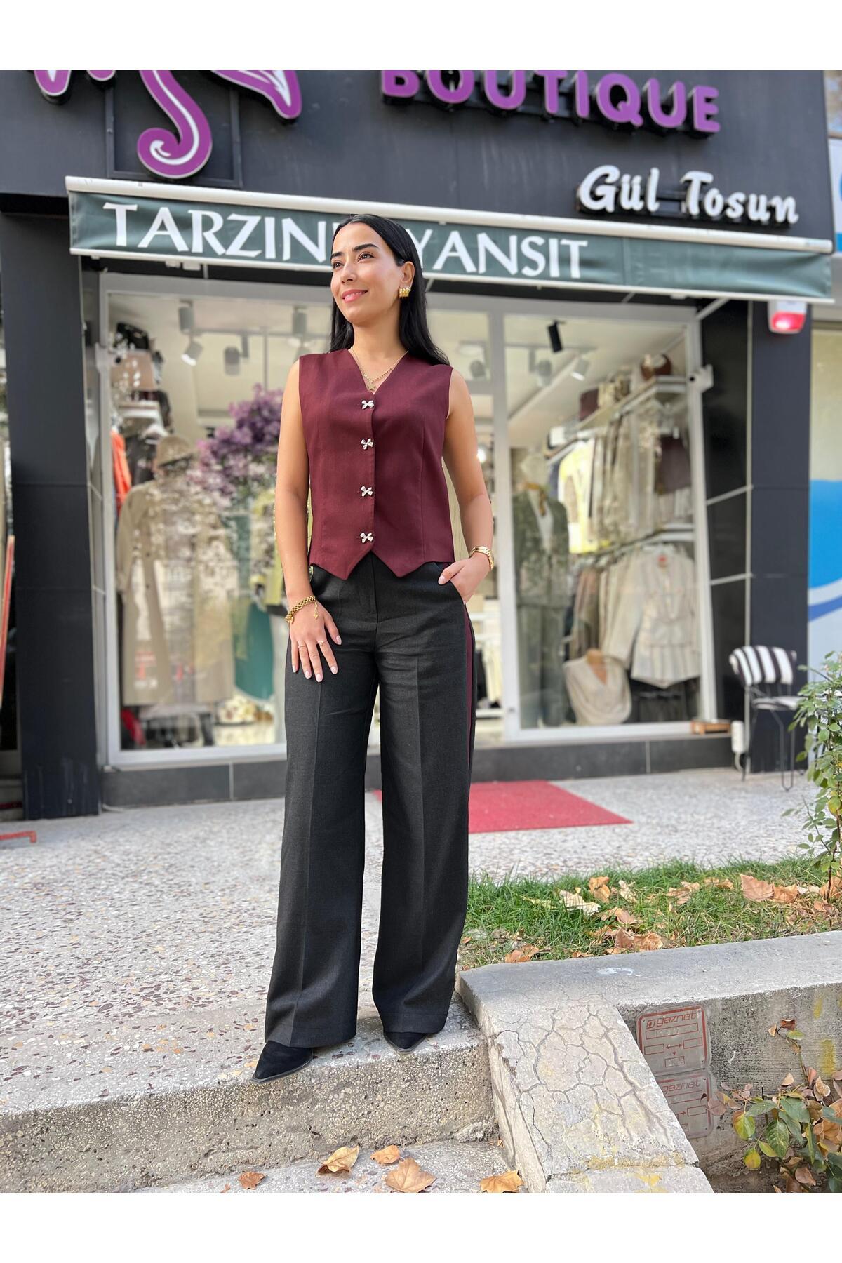 Yanları Bordo Şeritli Siyah Palazzo Garnili Pantolon