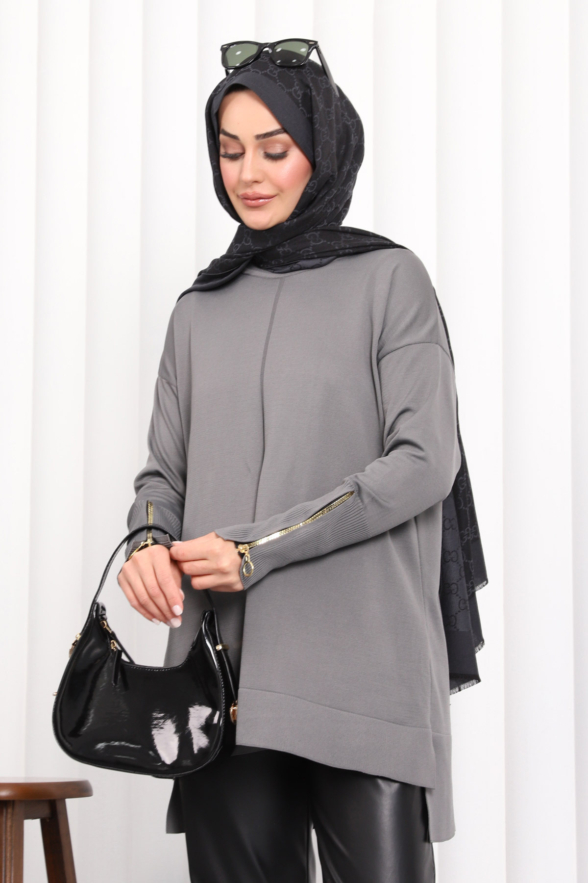 İmajButik Füme Kol Fermuarlı Soğuk İplik Triko Tunik