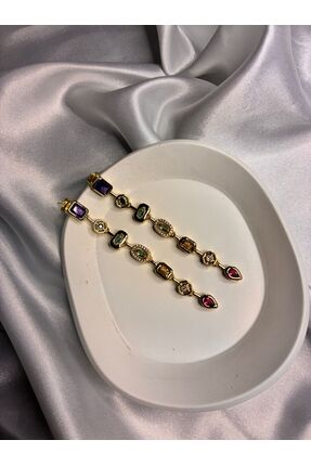 Rimba Renkli Taşlı Sallantılı Altın Kaplama Zirkon Küpe