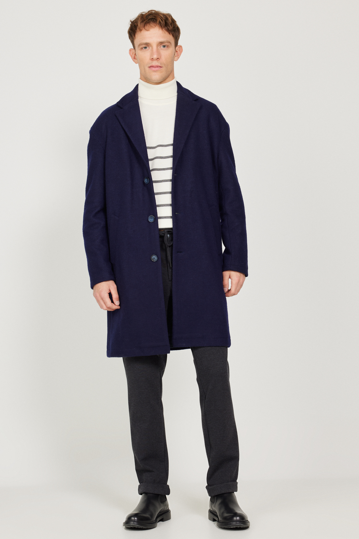 AC&Co / Altınyıldız Classics  Erkek Lacivert Oversize Bol Kesim Mono Yaka Yünlü Kaşe Palto - Görsel 2