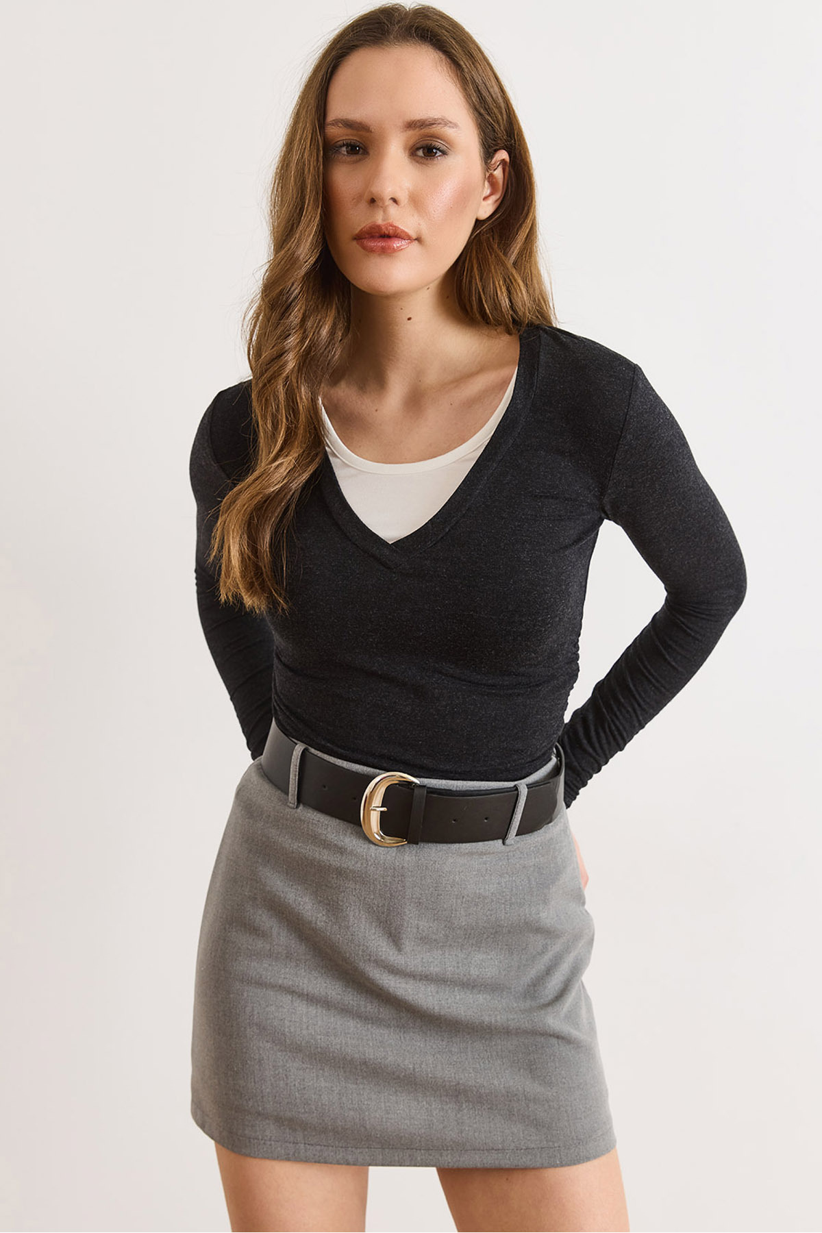 Women's Anthracite Side Shirred Collar Garnish Wool Viscose BlouseBLZ-19003189