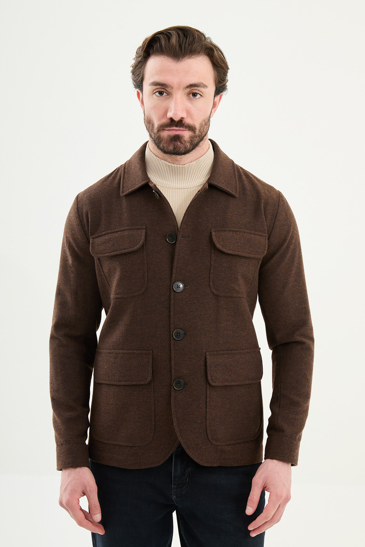Kırçıllı Slim Fit Gömlek Yaka Düğmeli Kapak Cep Erkek Trenchcoat Kahve - 21337.25K — رنگارنگ