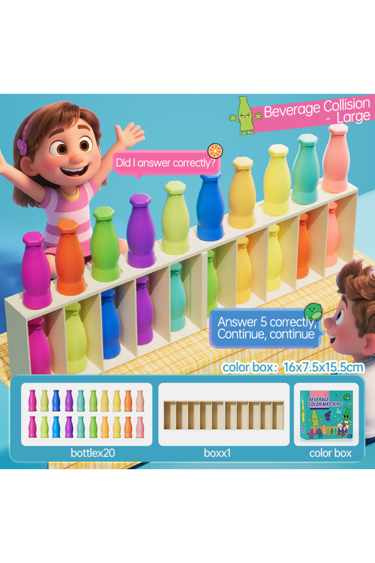 بسته‌بندی جعبه‌ای بزرگ. رنگ‌ها را حدس بزنید، از بازی سرگرم‌کنندهٔ تطبیق رنگ لذت ببرید، با بطری‌ها مبارزه کنید، مهمانی w
