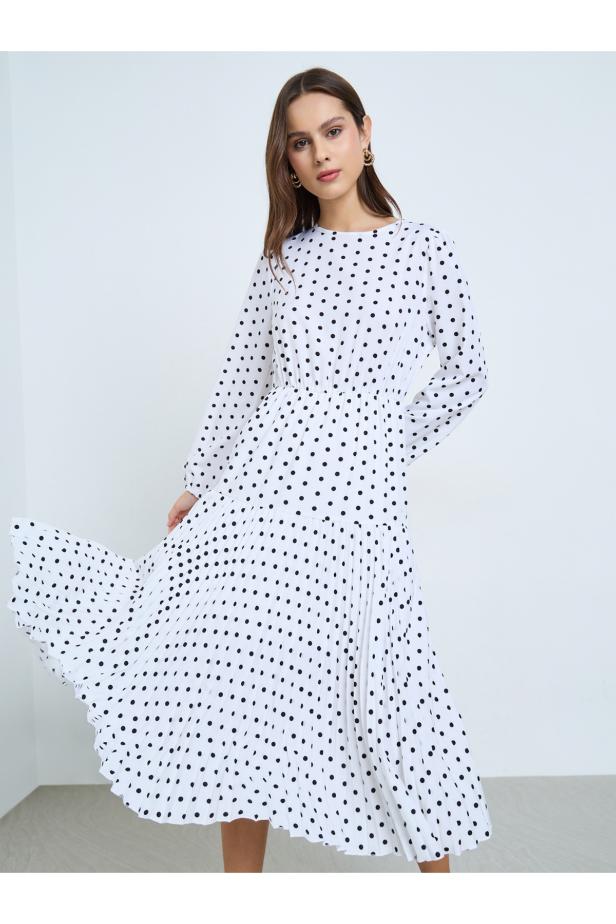 Take Two By Styli Polka Dot Round Neck Pleated Detail Midi Dress