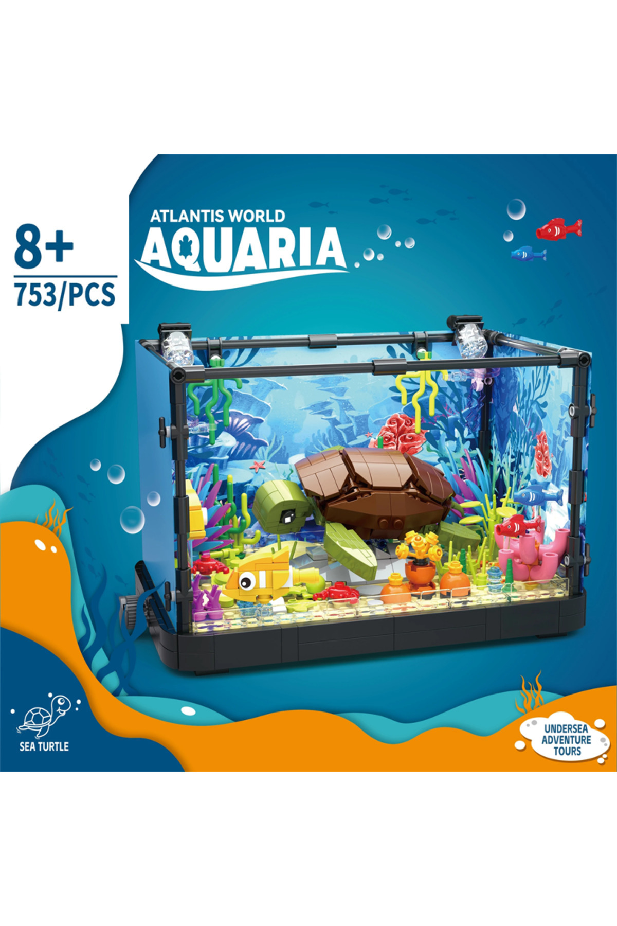 ست بلوک ساختمانی ایده‌آل برای آکواریوم ماهی لاک‌پشت دریایی ۷۵۳ تکه با چراغ، آکواریوم، زندگی دریایی، عروس‌دریایی و