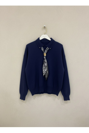 mahira collection Lacivert Kadın Gömlek Yaka ve Fular Detaylı Triko Polo Kazak