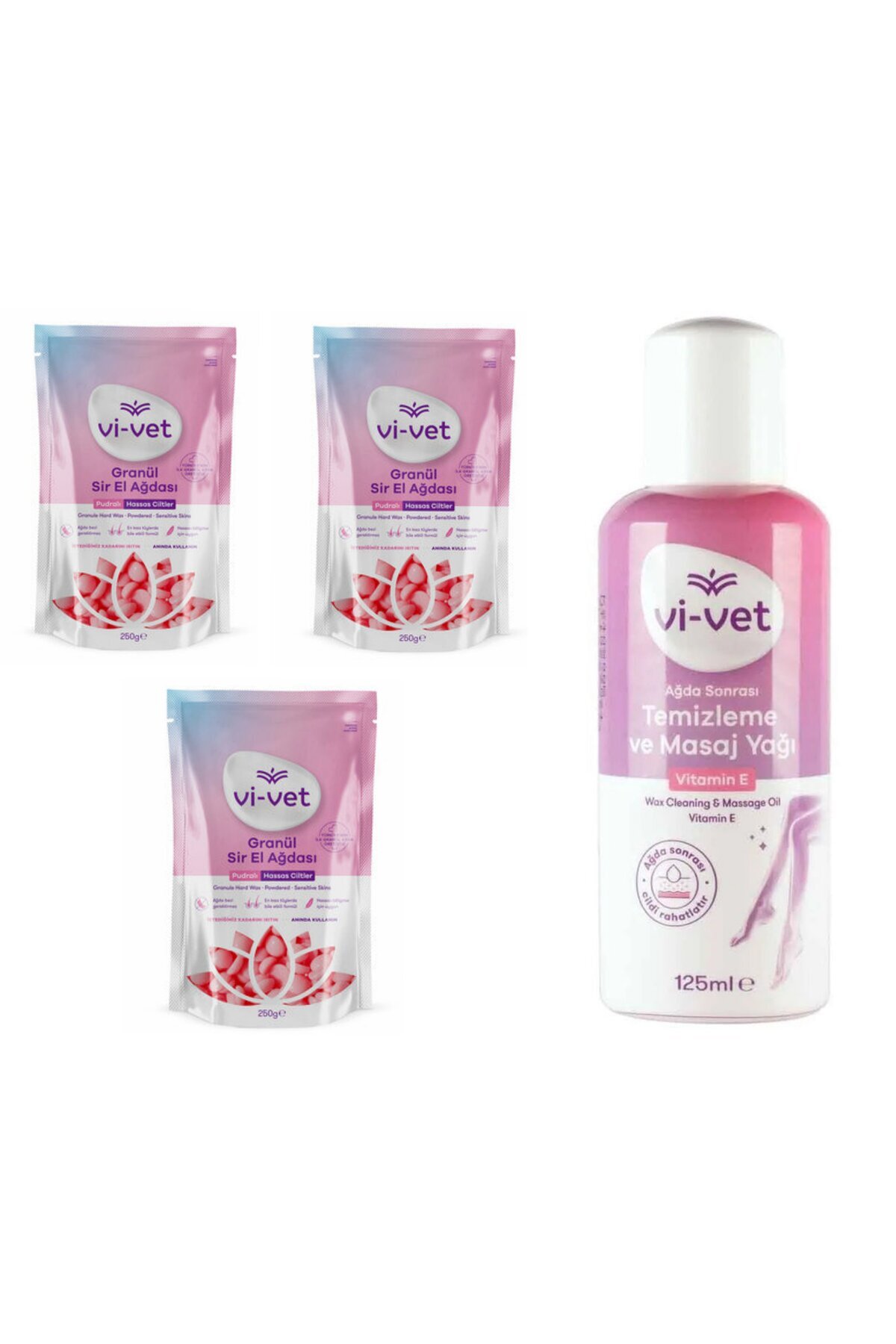 Vi-vet Vivet Granül Sir Ağda Pudralı 250gr + Vivet Ağda Sonrası Temizleme ve Masaj Yağı 125ml — ÇDŞ002