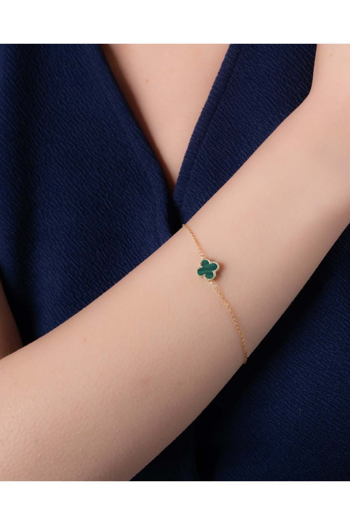 YCL JEWELLERY 8 Ayar Altın Yeşil Malakit Yonca Bileklik -8mm