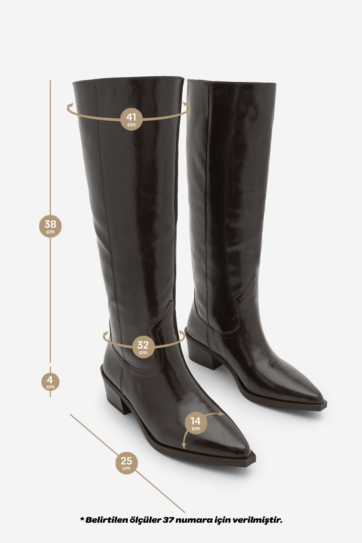 Marjin  Kadın Sivri Burun Kovboy Körüklü Fermuarsız Western Çizme Mivez Kahve - Görsel 9