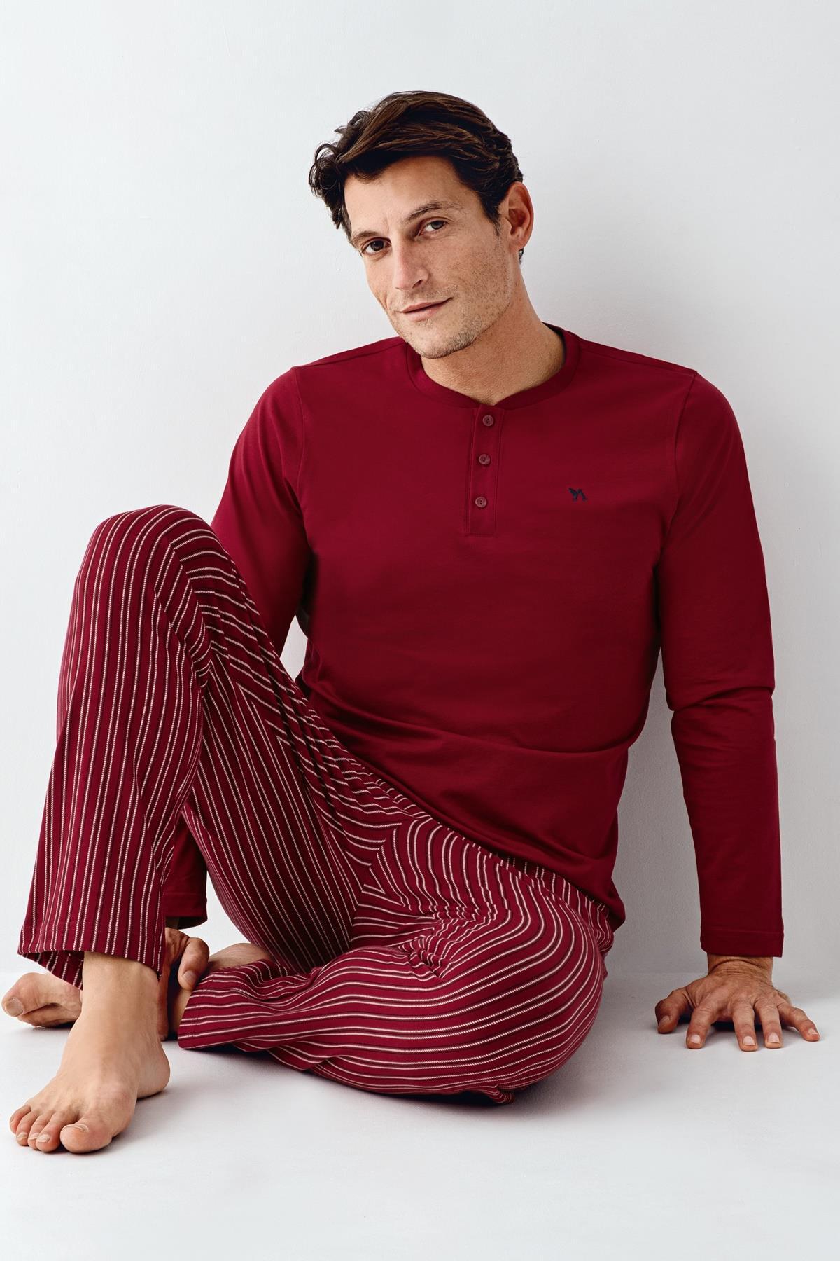 Dark Velvet Uzunkol Kuutulu Erkek Pijama Takım, %100 Pamuk, Büyük Beden Erkek Pijama Takım Bordo renk secenegi