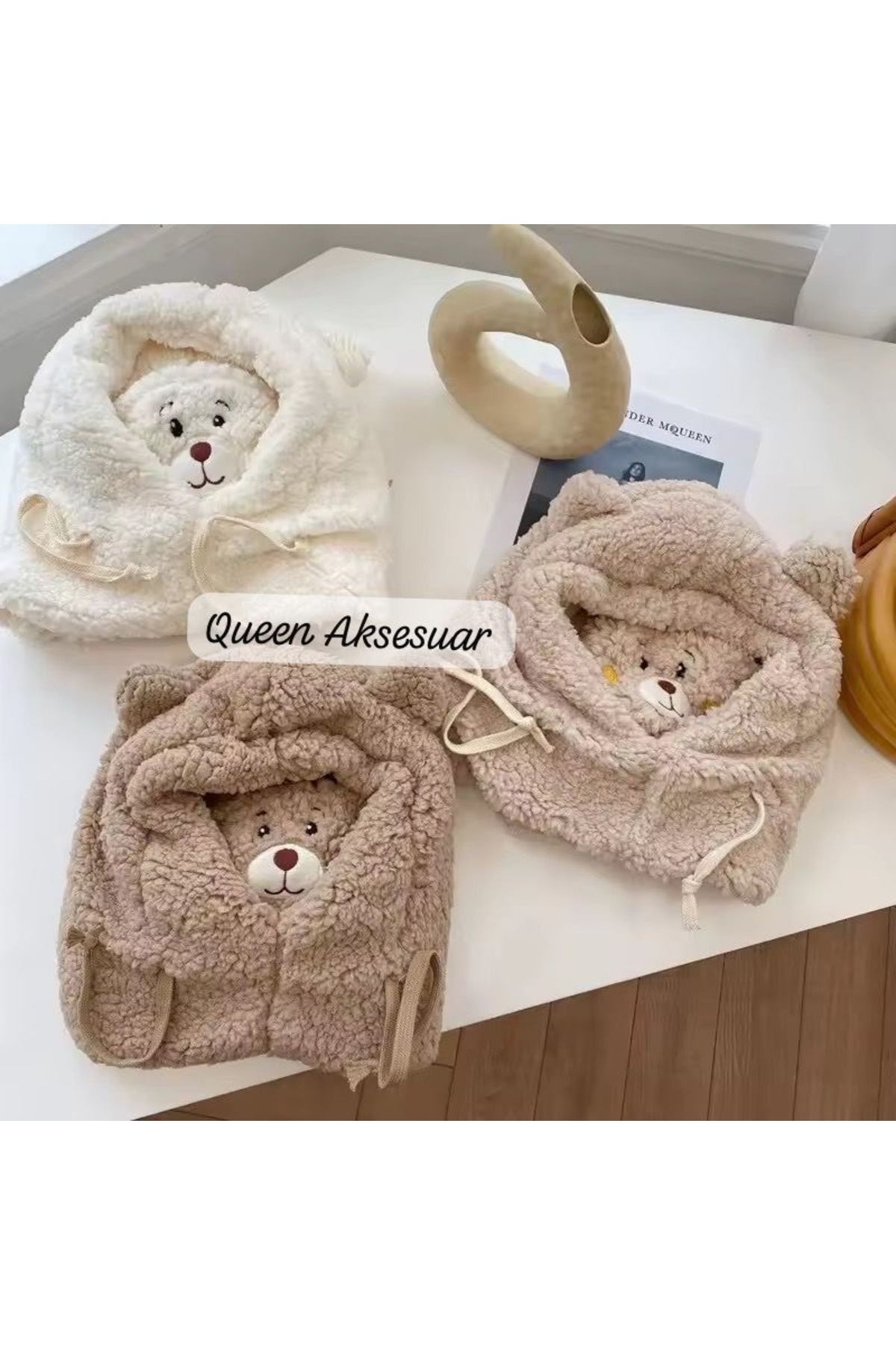 QUEEN AKSESUAR Peluş Ayıcıklı 3’ü 1 Arada Kışlık Bere Maske Atkı boyunluk kulaklık yetişkin çocuk kahverengi görsel 4