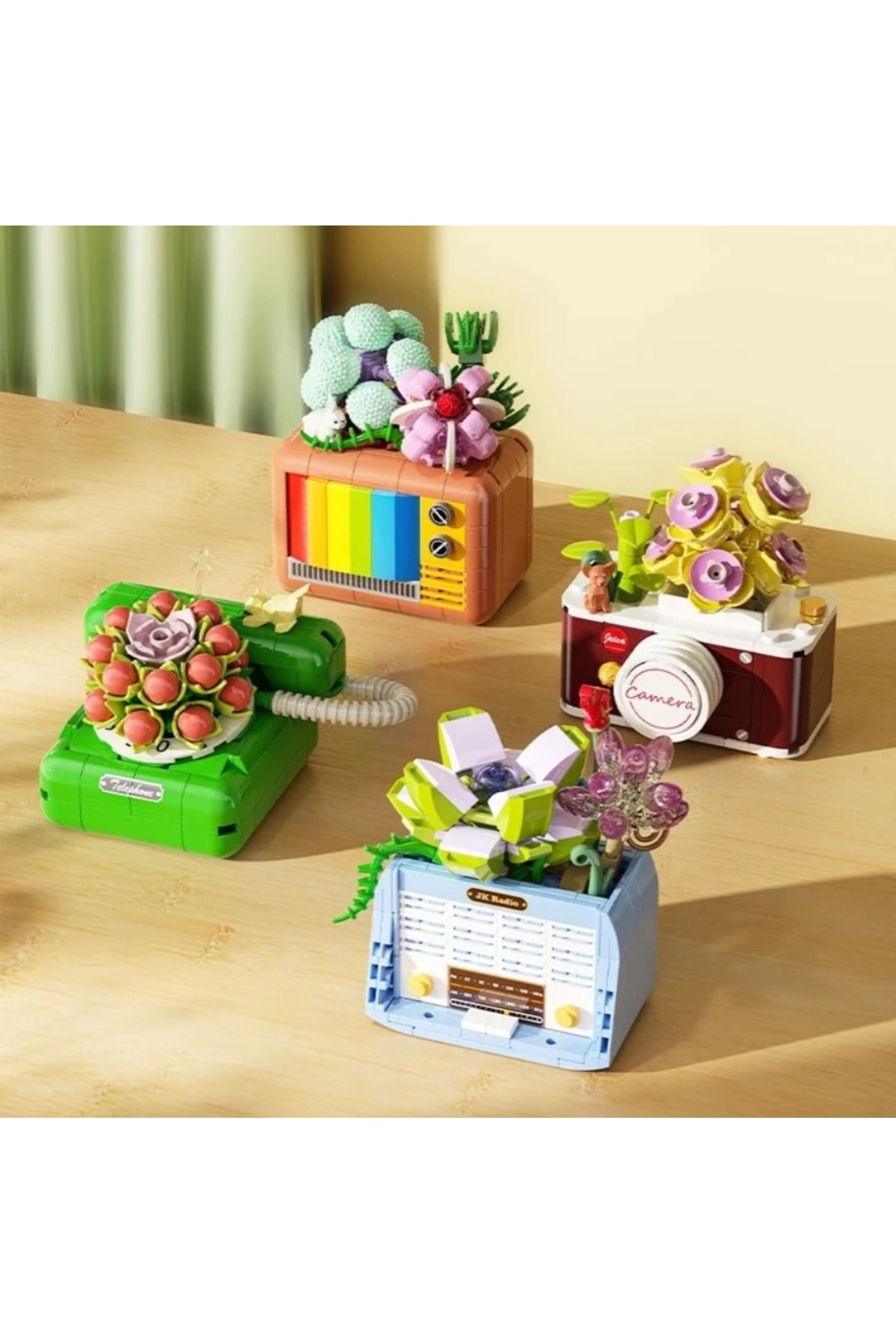 مجموعه نوستالژی گلدار: تلویزیون | میکروبلاک‌های ۲۰۷ تکه | بالای ۸ سال | تلویزیون رترو با ساکولنت‌ها