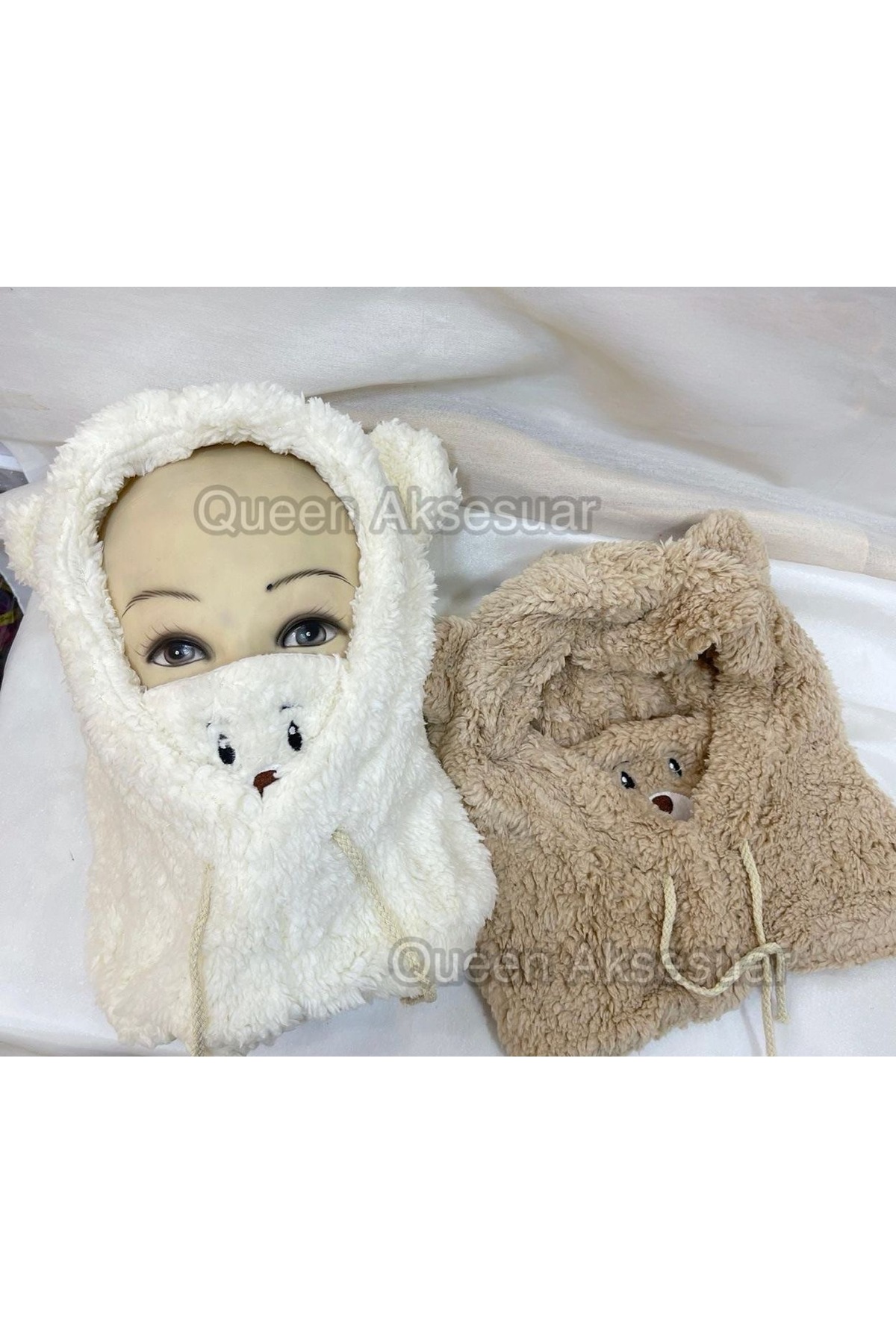 QUEEN AKSESUAR Peluş Ayıcıklı 3’ü 1 Arada Kışlık Bere Maske Atkı boyunluk kulaklık yetişkin çocuk kahverengi görsel 3