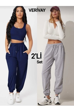 Verivay 1+1 Jogger Eşofman Altı- LACİVERT Ve GRİ Lastik Paça Yüksek Bel Eşofman