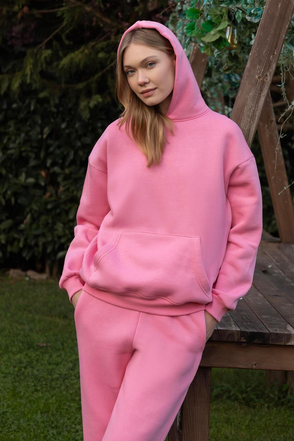 Kapüşonlu İçi Polarlı Unisex Oversize Eşofman Takımı - G09001 - Pembe — رنگارنگ TYC16B20BC87B7F9DB6A88400