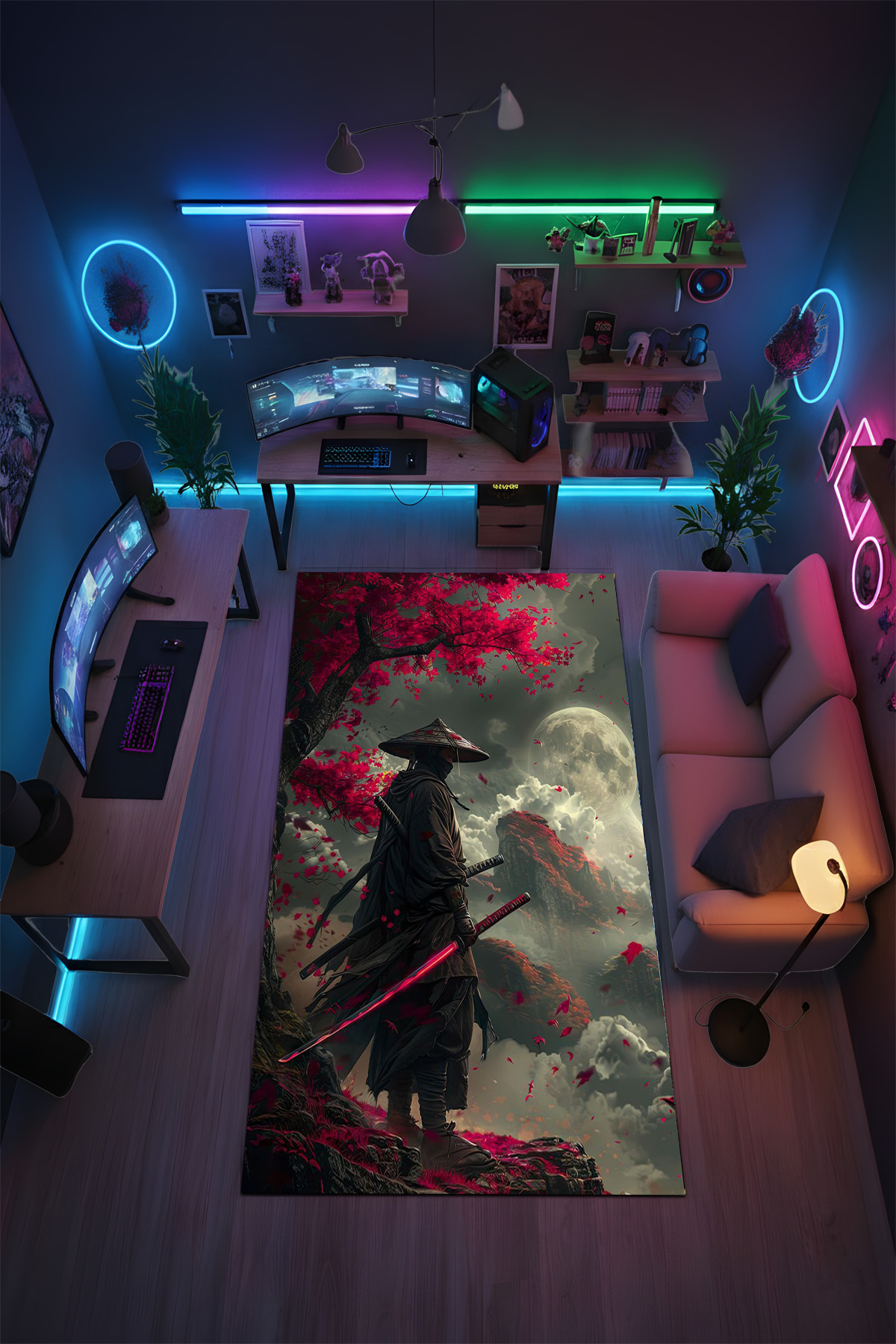 Halura Samuray Kılıç Ustası Desenli Kaymaz Taban Makinede Yıkanabilir Oyuncu Gamer Genç Odası Halısı fotoğrafı 2 (önizleme)