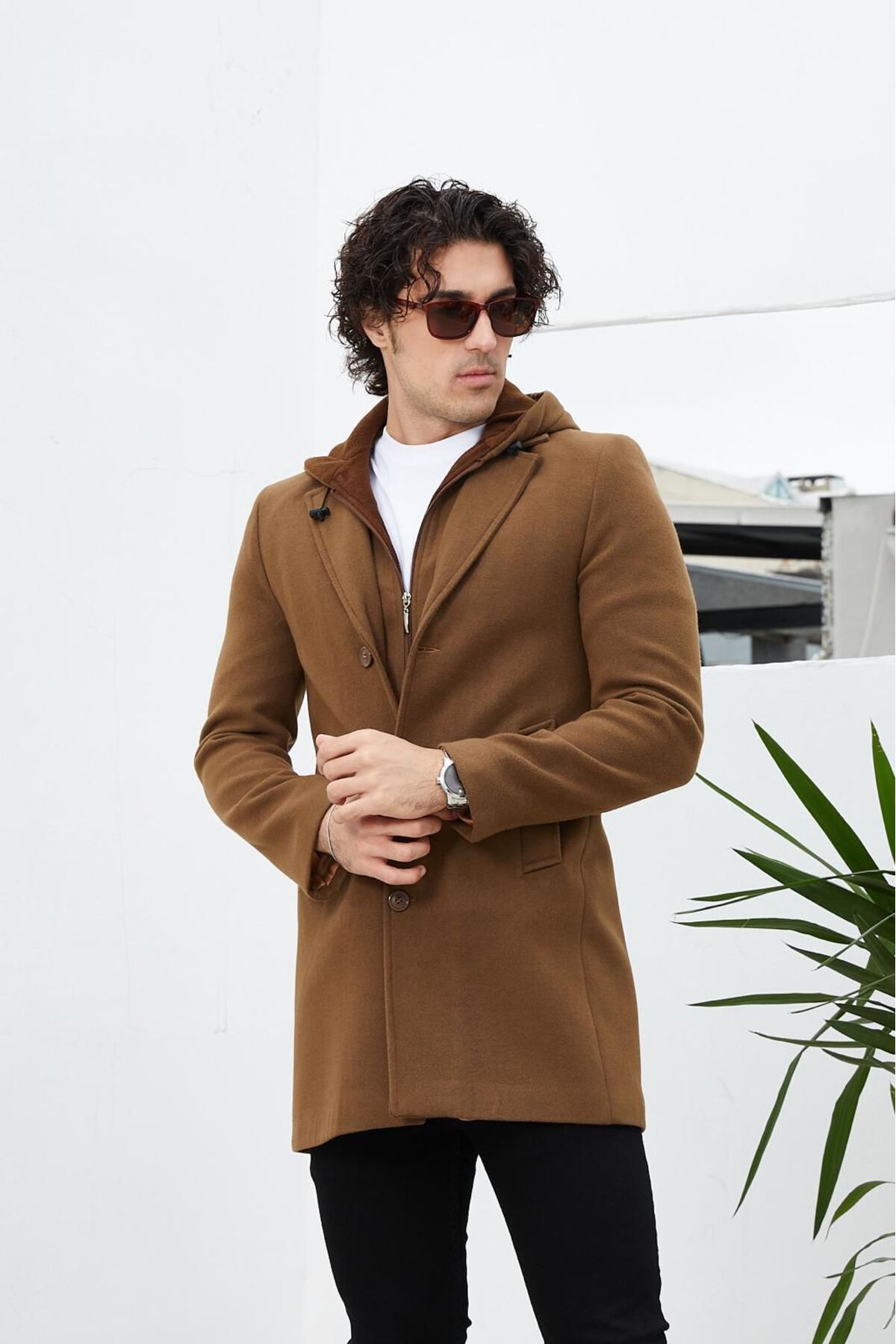 l lebs collection moda lebs şekil Erkek Regular kapüşonlu Kaşe Kaban — قهوه‌ای 1136