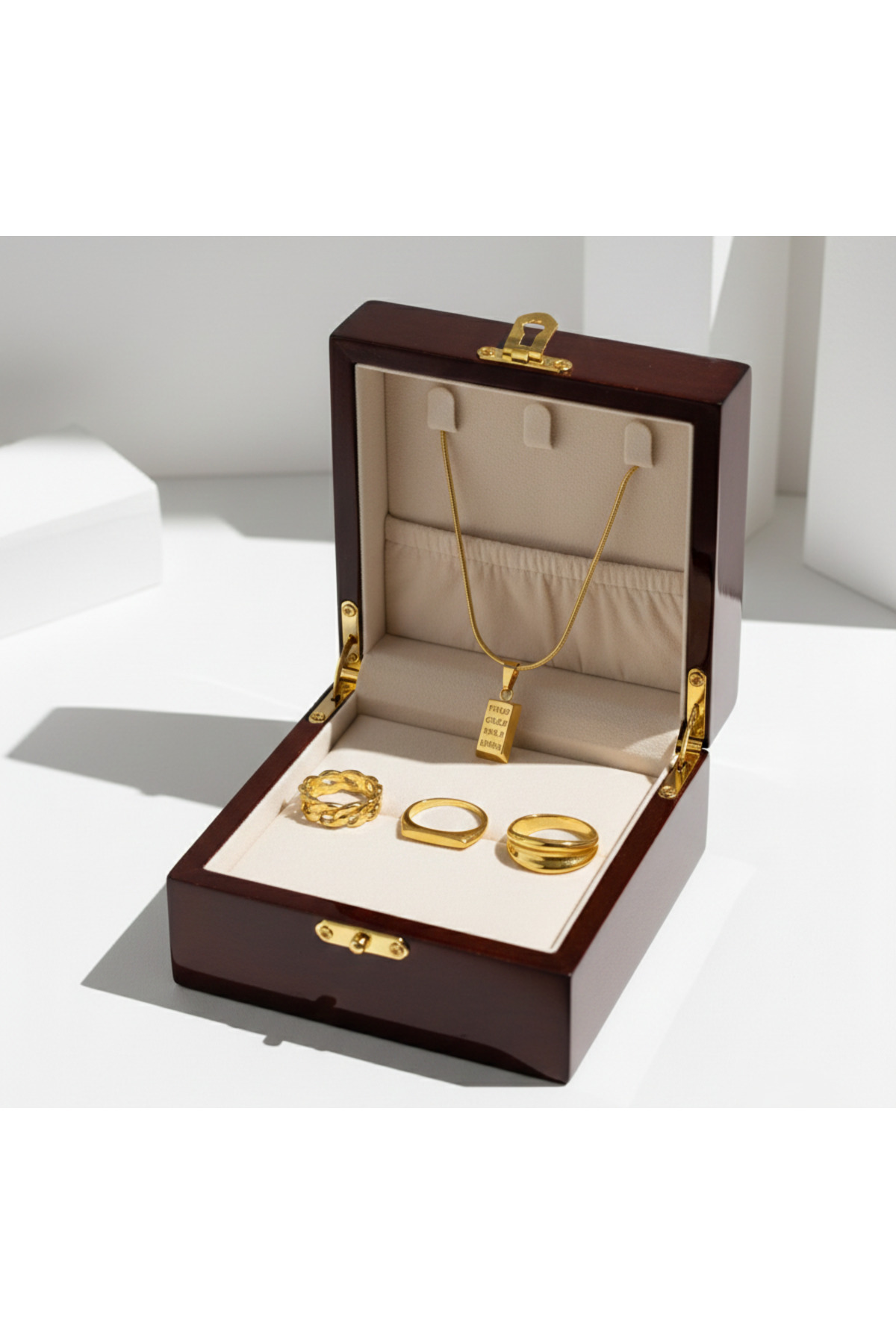 Ervalina Külçe Altın Kolye ve 3'lü Basic Yüzük Set Özel Gün Sevgililer Öğretmenler Doğum Günü (Hediyeli)