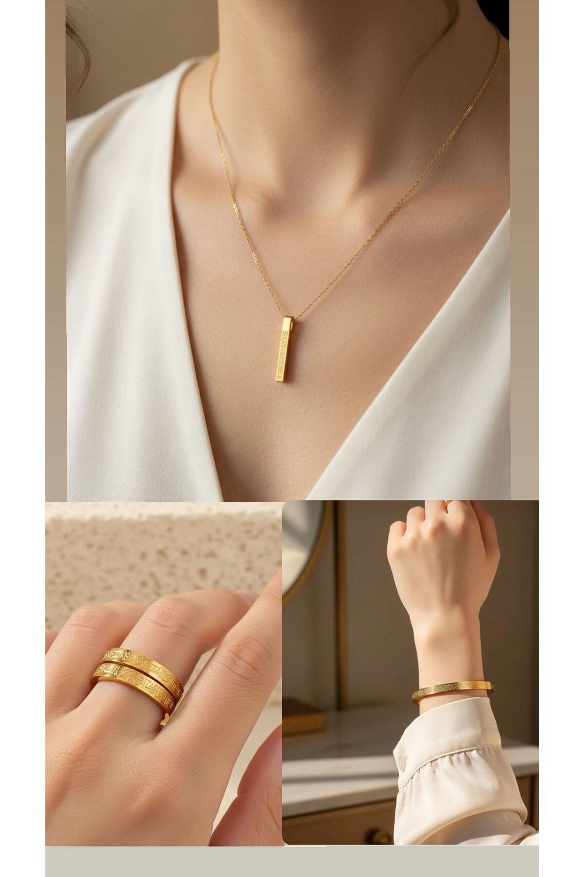 Ayetel Kürsi Gold Color Set Necklace Ring Bracelet Jewelry Set Adjustable Bracelet And Ring