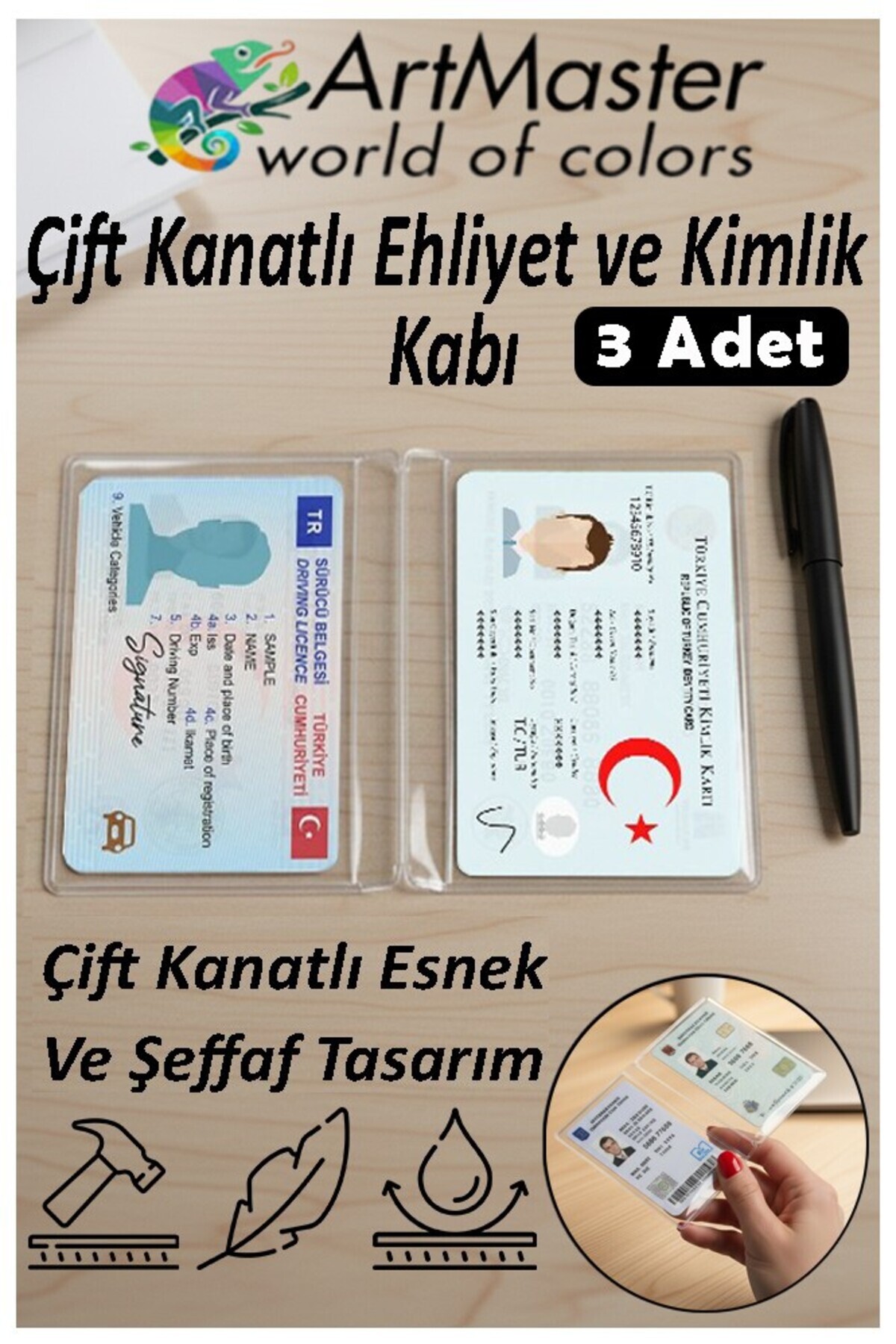 Artmaster Ehliyet Ve Kimlik Kabı Çift Kanatlı 3 Adet Şeffaf