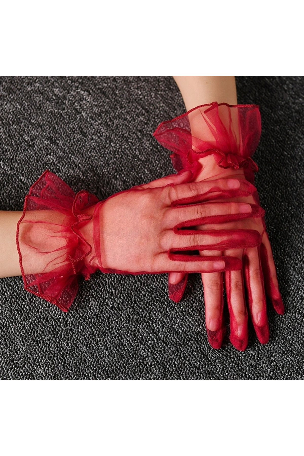 دستکش توری بزرگسالان، کوتاه، لی‌کرا، بنددار، رنگ قرمز