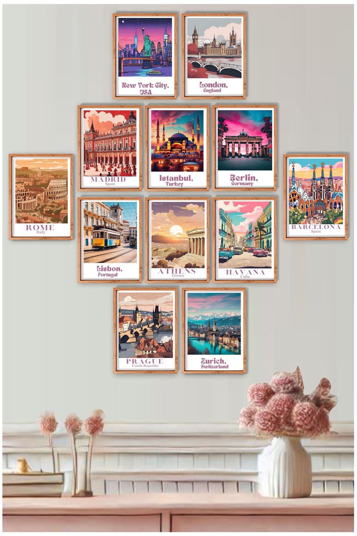 12 Pieces Wooden Frame View Travel World Cities Art Painting Set