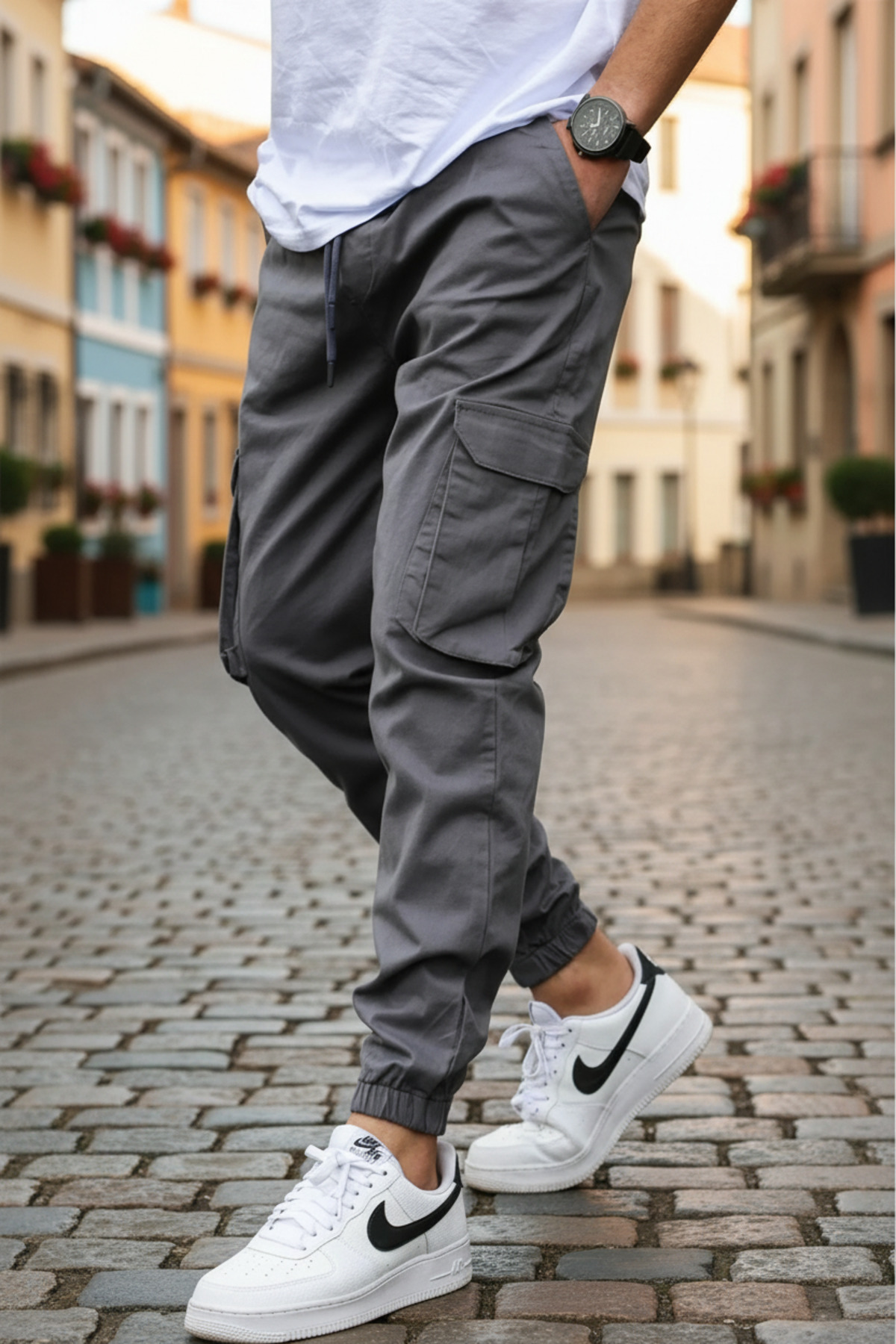VIKUNYA Erkek Antrasit Jogger Kaliteli Pamuklu Likralı Cargo Beli Ve Paçası Lastikli Kargo Cepli Pantolon