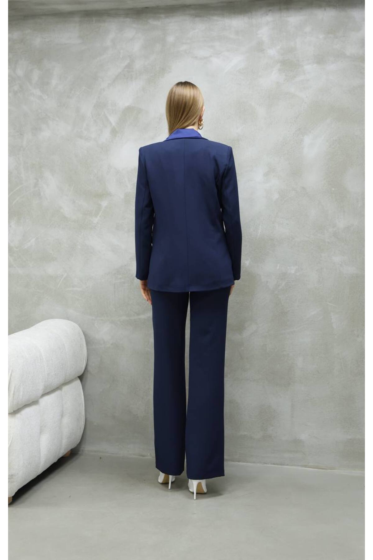 Women's Navy Blue Satin Detail Blazer and Trousers Suit - Görsel 6