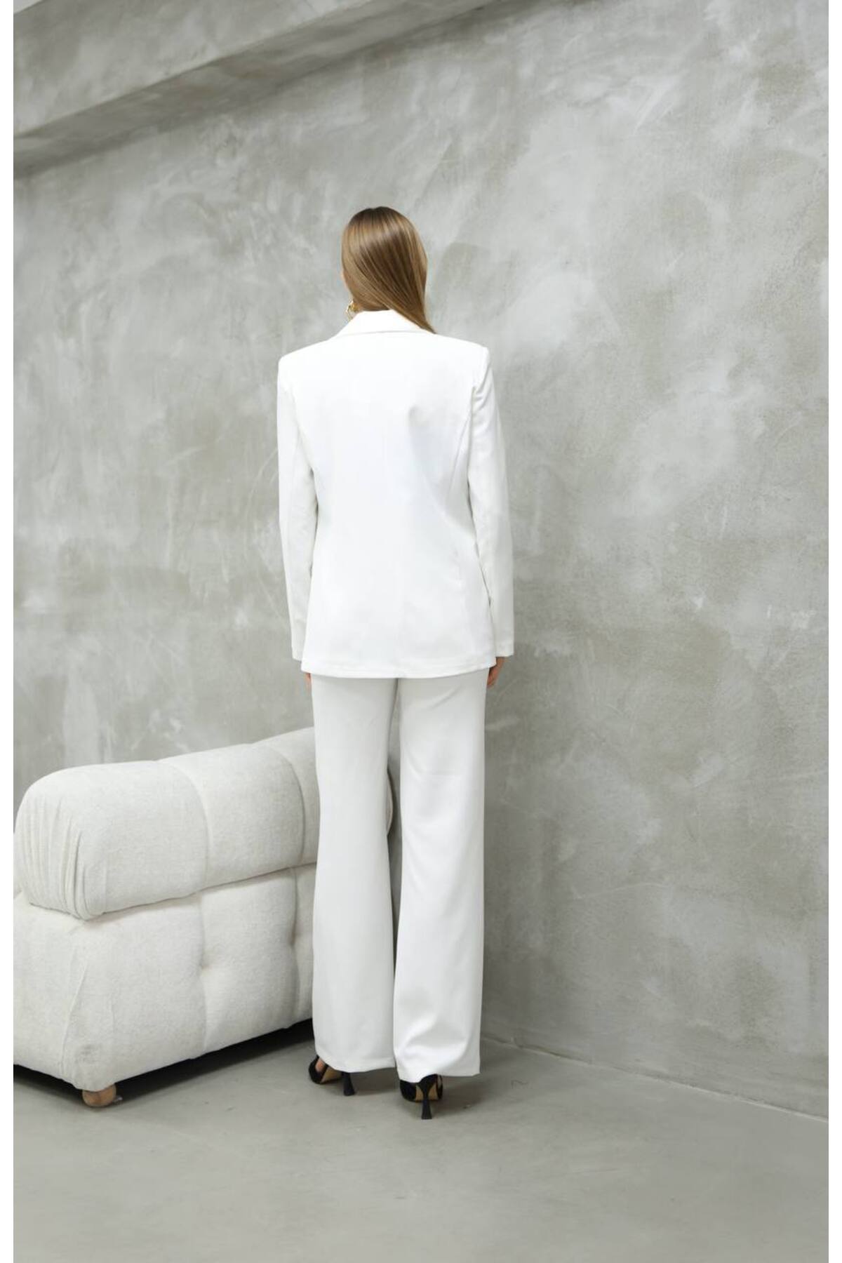 Women's Satin Detail White Blazer and Pants Suit - Görsel 6
