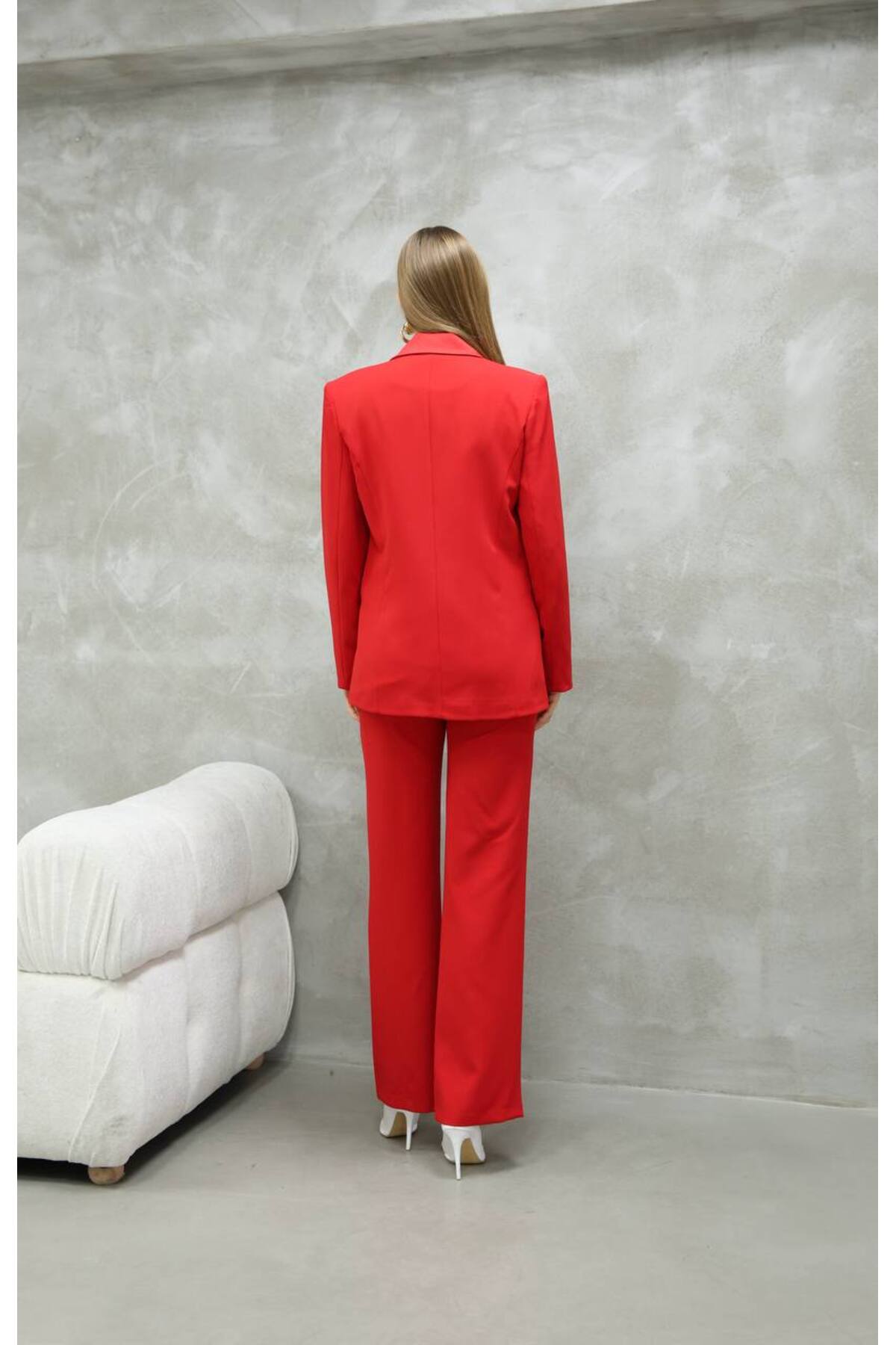 Women's Satin Detail Red Blazer and Pants Suit - Görsel 7