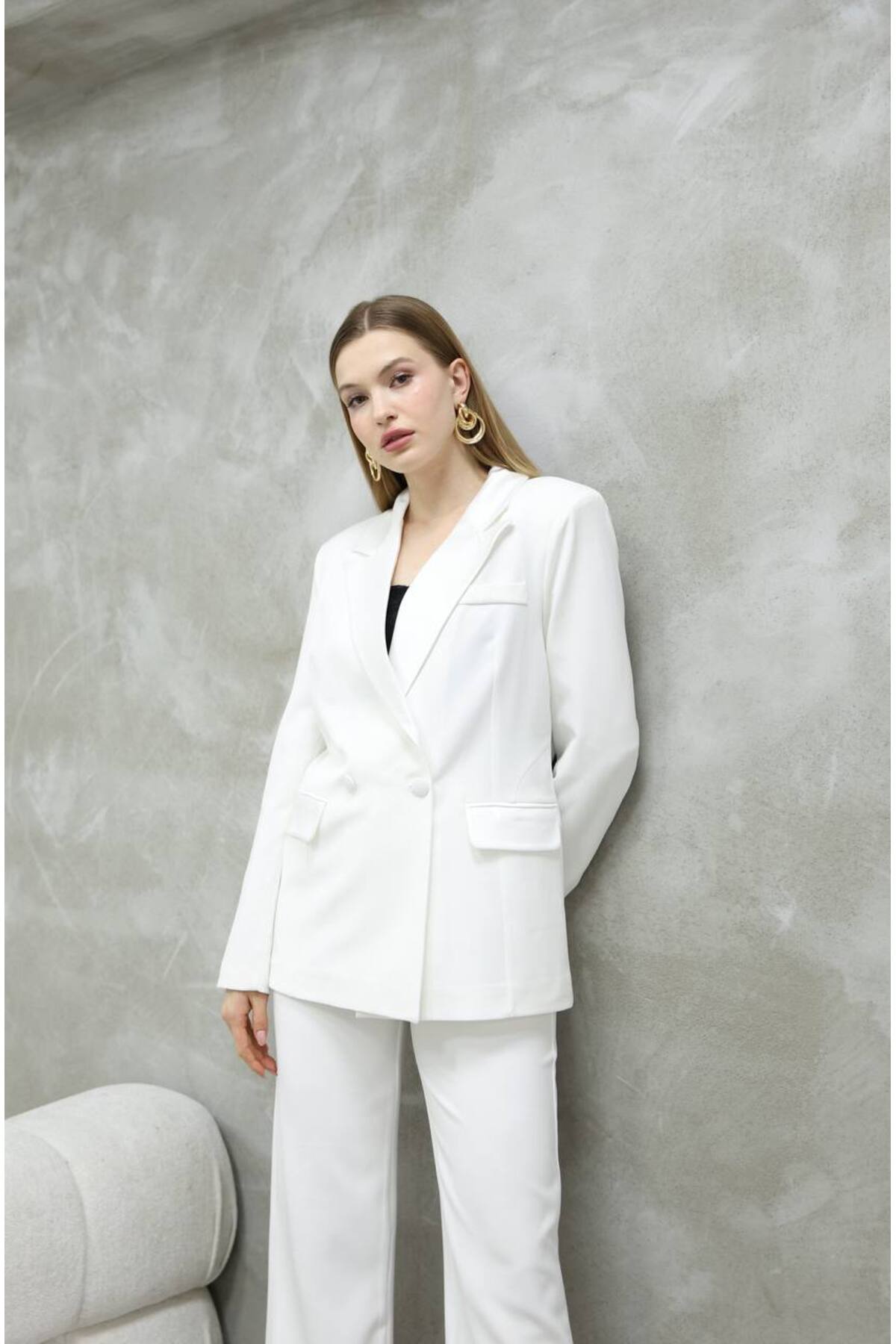 Women's Satin Detail White Blazer and Pants Suit - Görsel 5