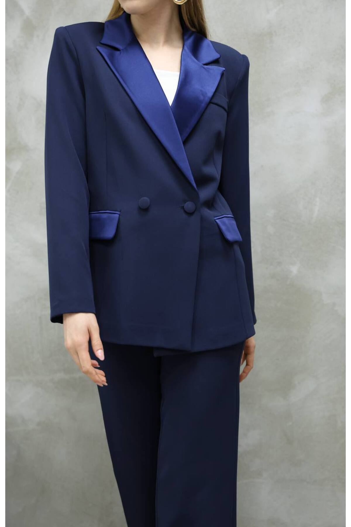 Women's Navy Blue Satin Detail Blazer and Trousers Suit - Görsel 5