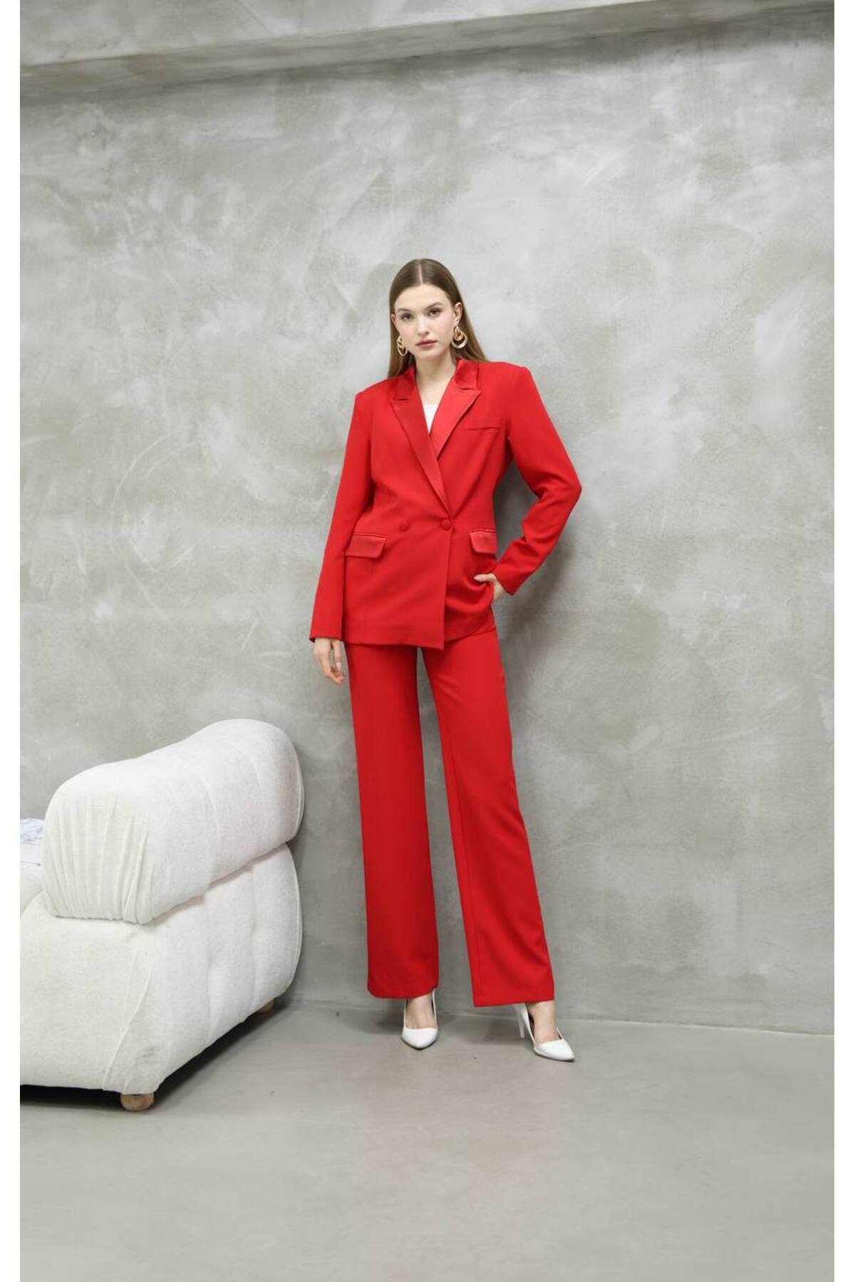 Women's Satin Detail Red Blazer and Pants Suit - Görsel 3