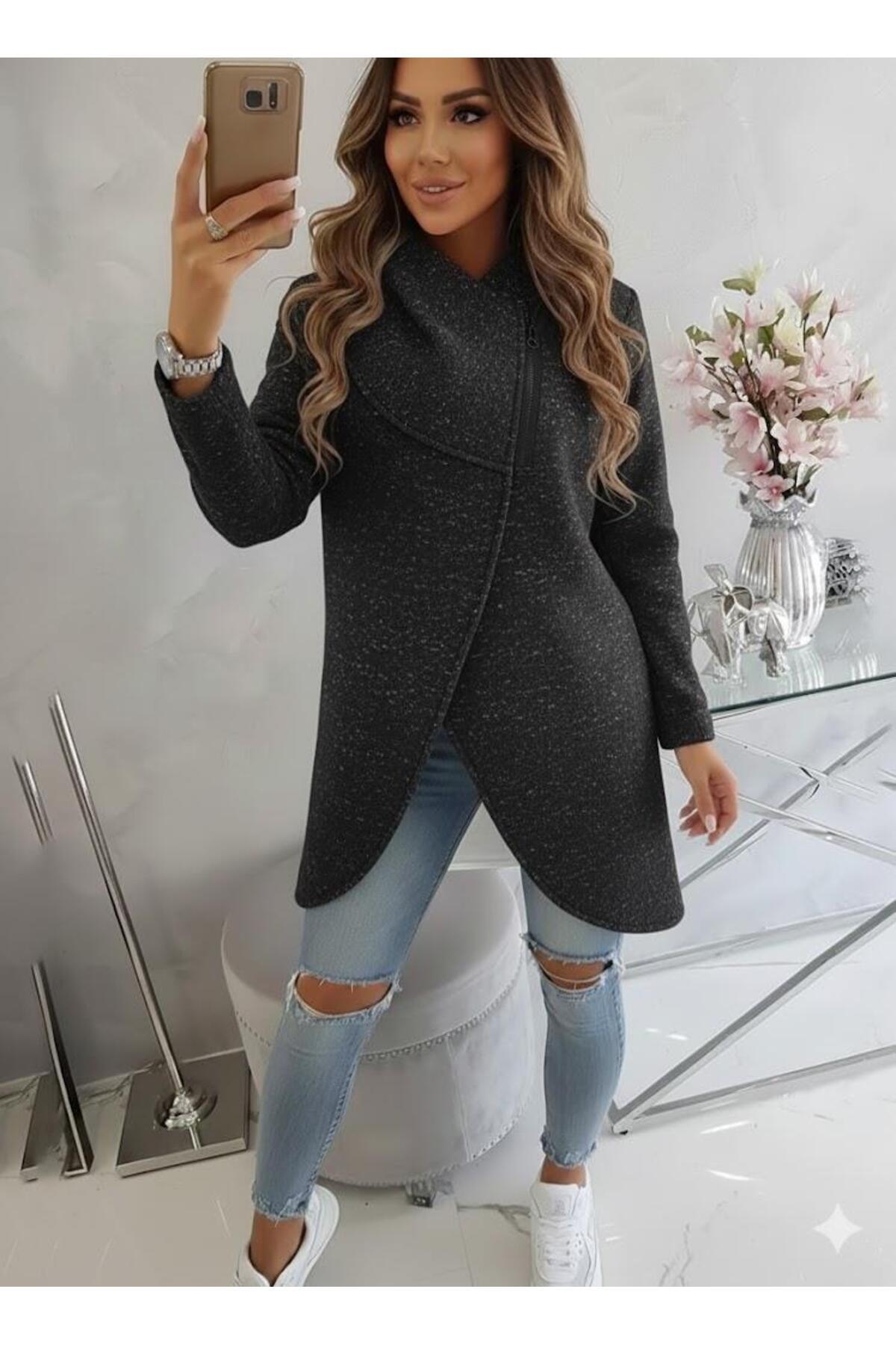 Afri  Kırçıllı Siyah Kadın Asimetrik Fermuarlı Oversize Kapüşonlu Sweatshirt – Kalın Kumaş – Rahat Günlük