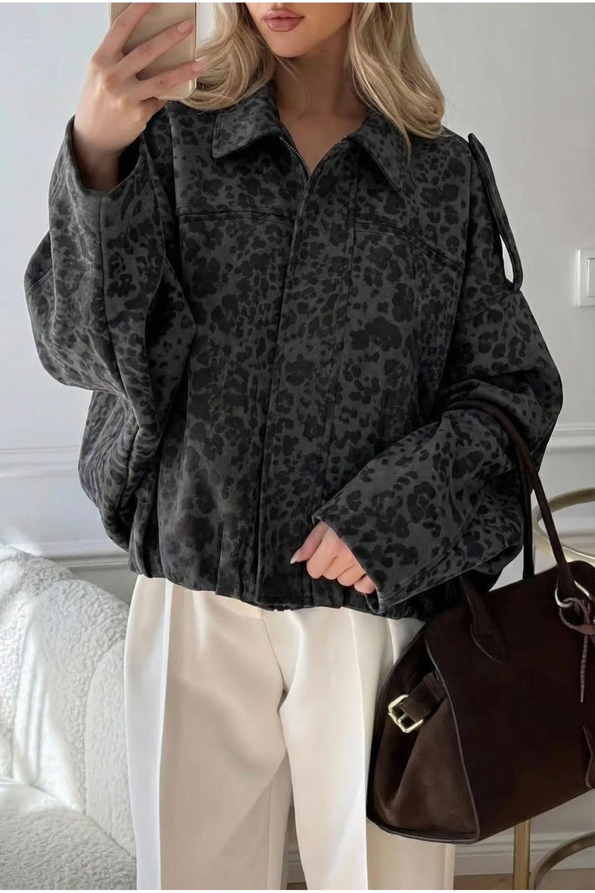 FEMELLE  Kadın Antrasit Oversize Leopar Desen %100 Pamuk Astarlı Fermuarlı Süet Mont