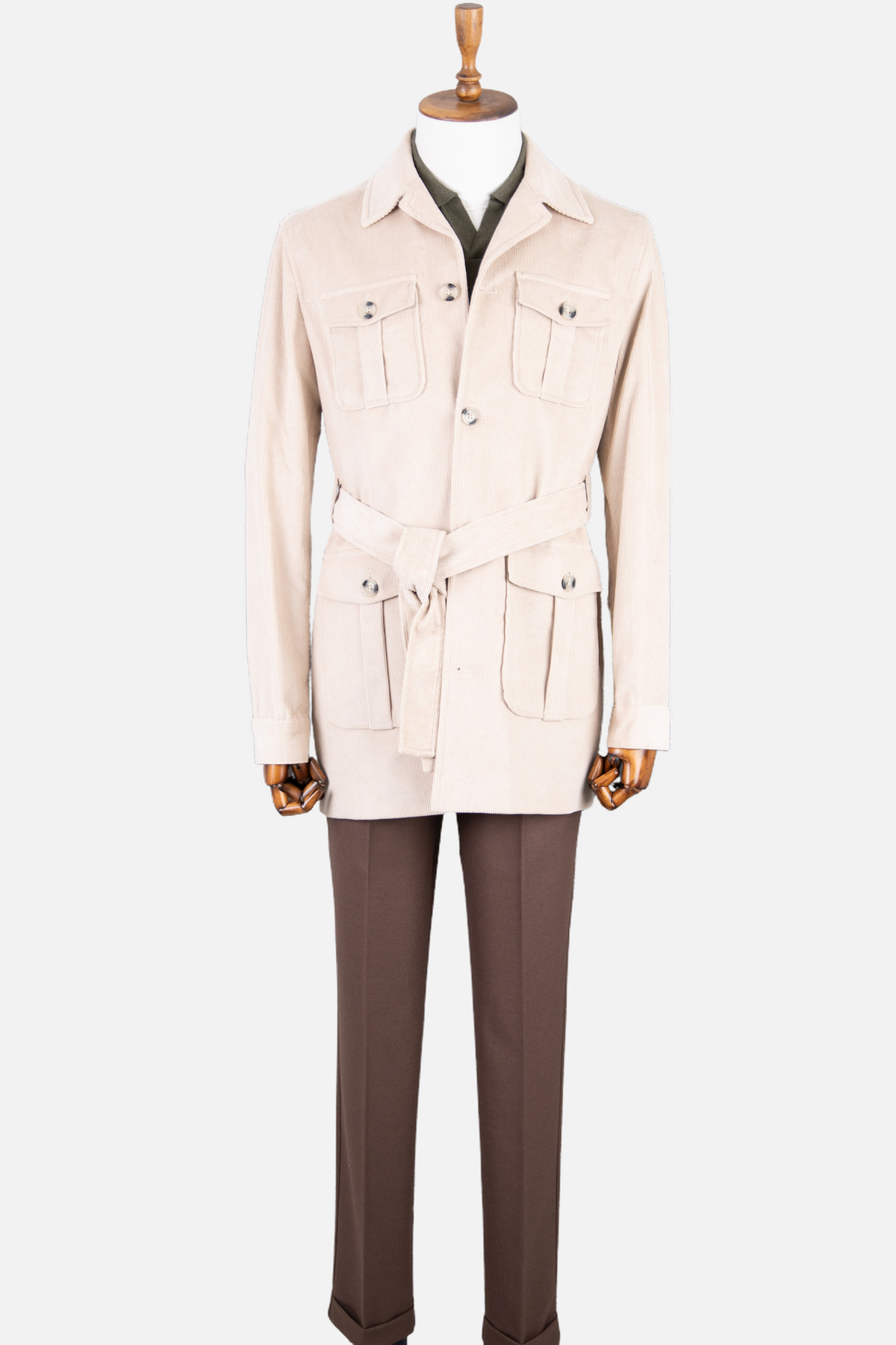 HC MEN CLASSIC Erkek Modern Fit Safari Tarz Ceket Yaka Trençkot Kuşaklı Kadife Kumaş görsel 3