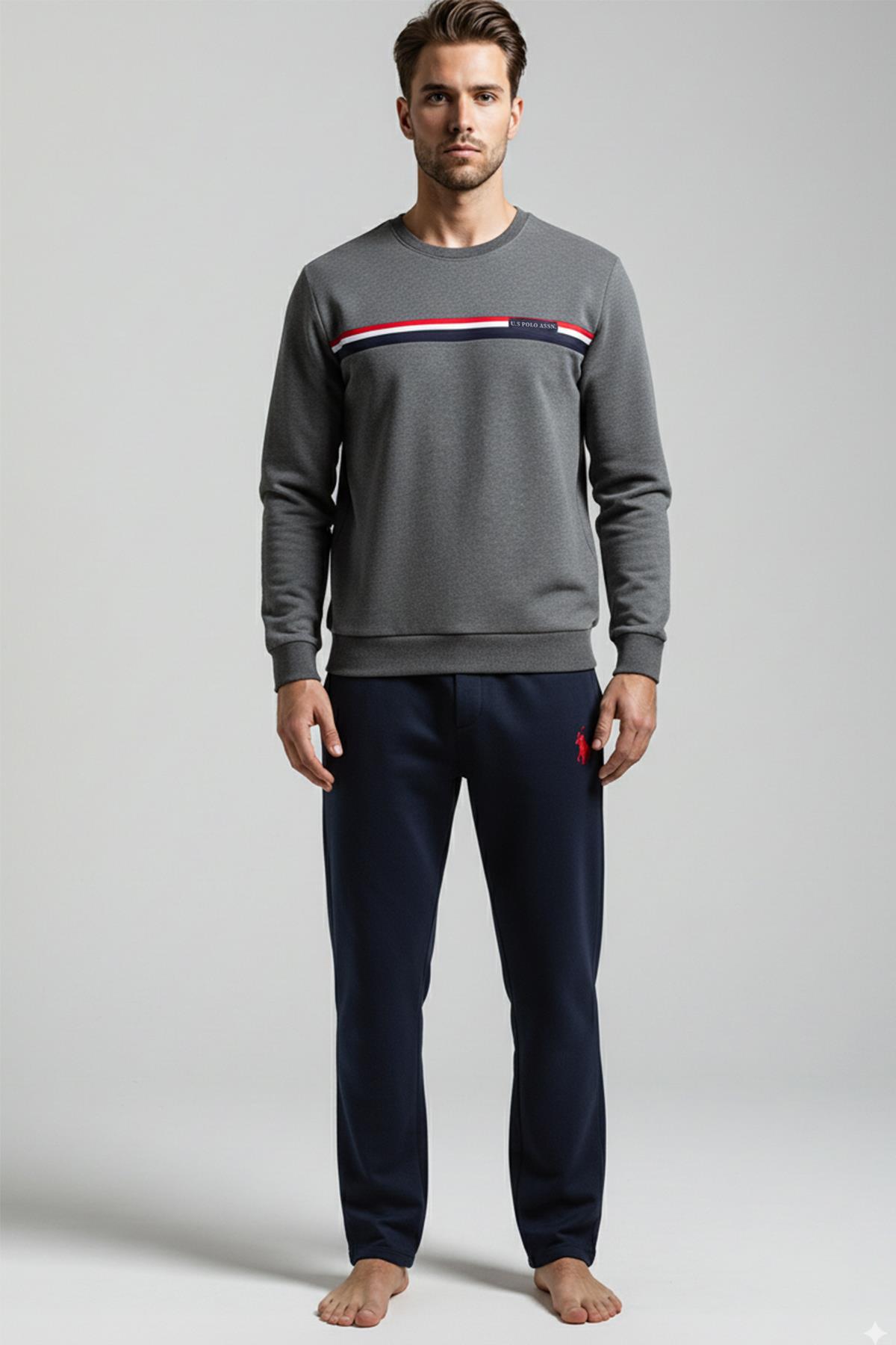 یو اس پولو ست لباس خواب مردانه آستین بلند طرح آنتراسیت با نوار سینه و ساق راست سایز C5T2N981
